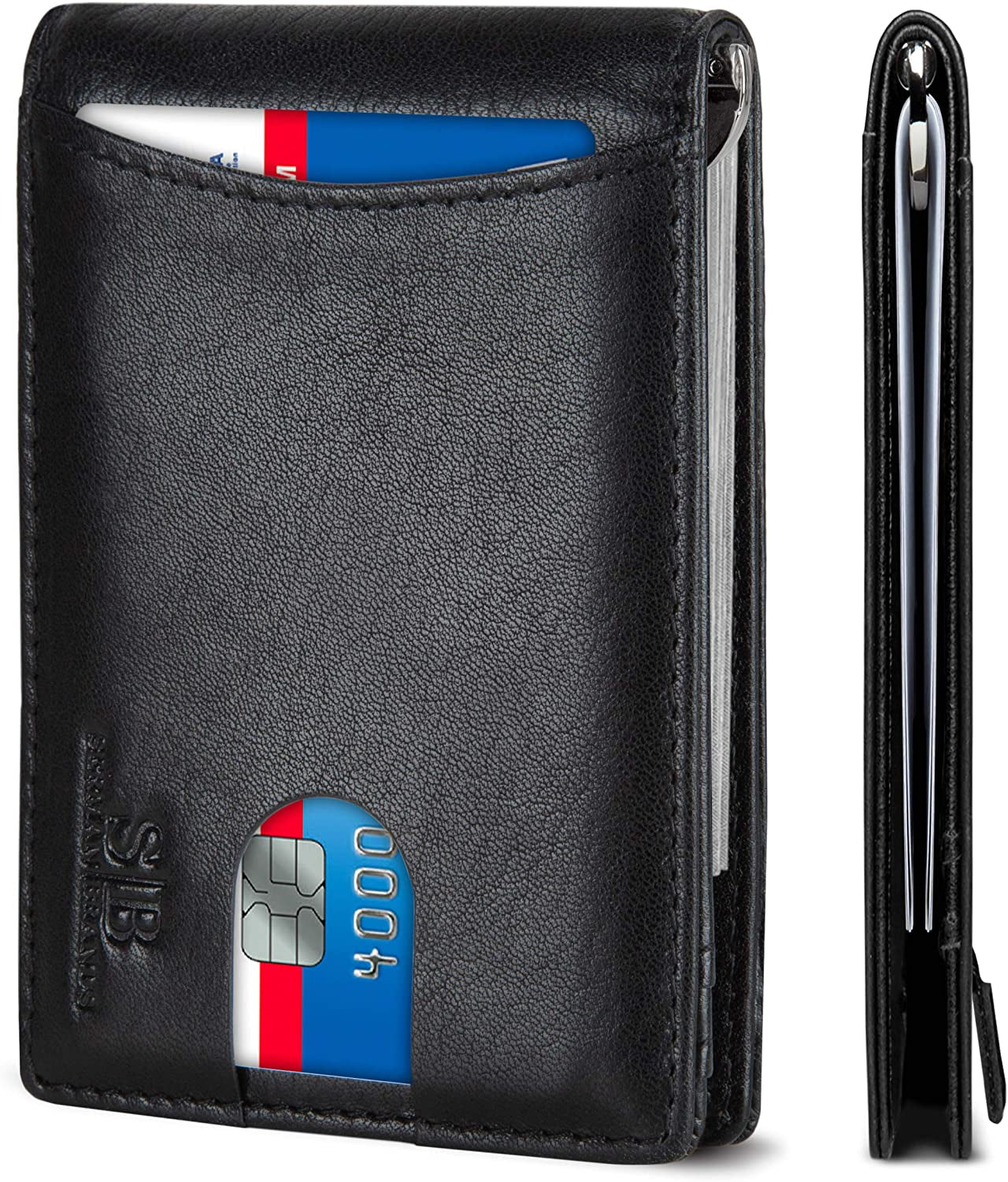 SERMAN BRANDS RFID Blocking Slim Bifold Genuine Leather Minimalist Front Pocket Wallets for Men with Money Clip Thin Mens  SERMAN BRANDS Jet Black 1.0  