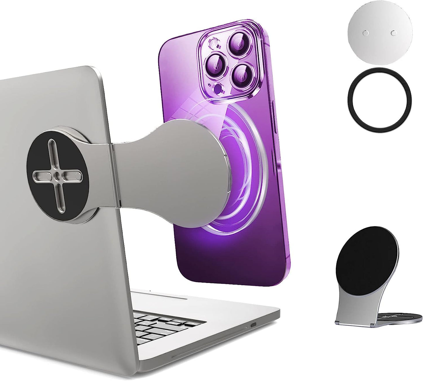 Ubeesize Magnetic Laptop Phone Holder, 180° Adjustable Continuity Camera Mount for Magsafe Iphone 14 13 12 Series, for Ios 16 & Macbook Macos 13 Ventura, Compatible with Tesla Model 3 Model Y  UBeesize 2023 Upgraded Black Multi-functional magnetic phone holder  