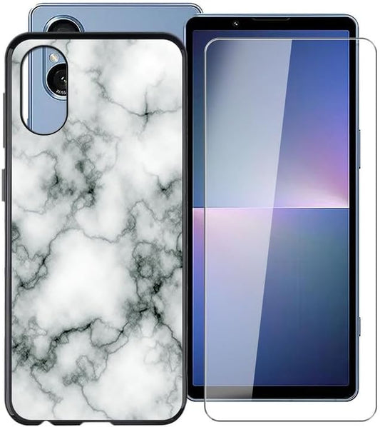 WIMSPEED Black Soft TPU Bumper Phone Case for Sony Xperia 5 V (6.1") with 1 X Tempered Glass Screen Protector, Slim Silicone Shockproof Cover for Sony Xperia 5 V - Marble  WIMSPEED   