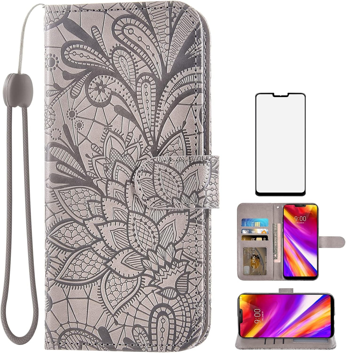 Asuwish Compatible with LG G7 Thinq Case and Tempered Glass Screen Protector Card Holder Lace Wallet Phone Cases for LGG7 One G 7 plus LG7 Fit Lg7Thinq 7G Thin Q G7+ G7Thinq Lgg7Thinq Women Rose Gold  Asuwish Grey  