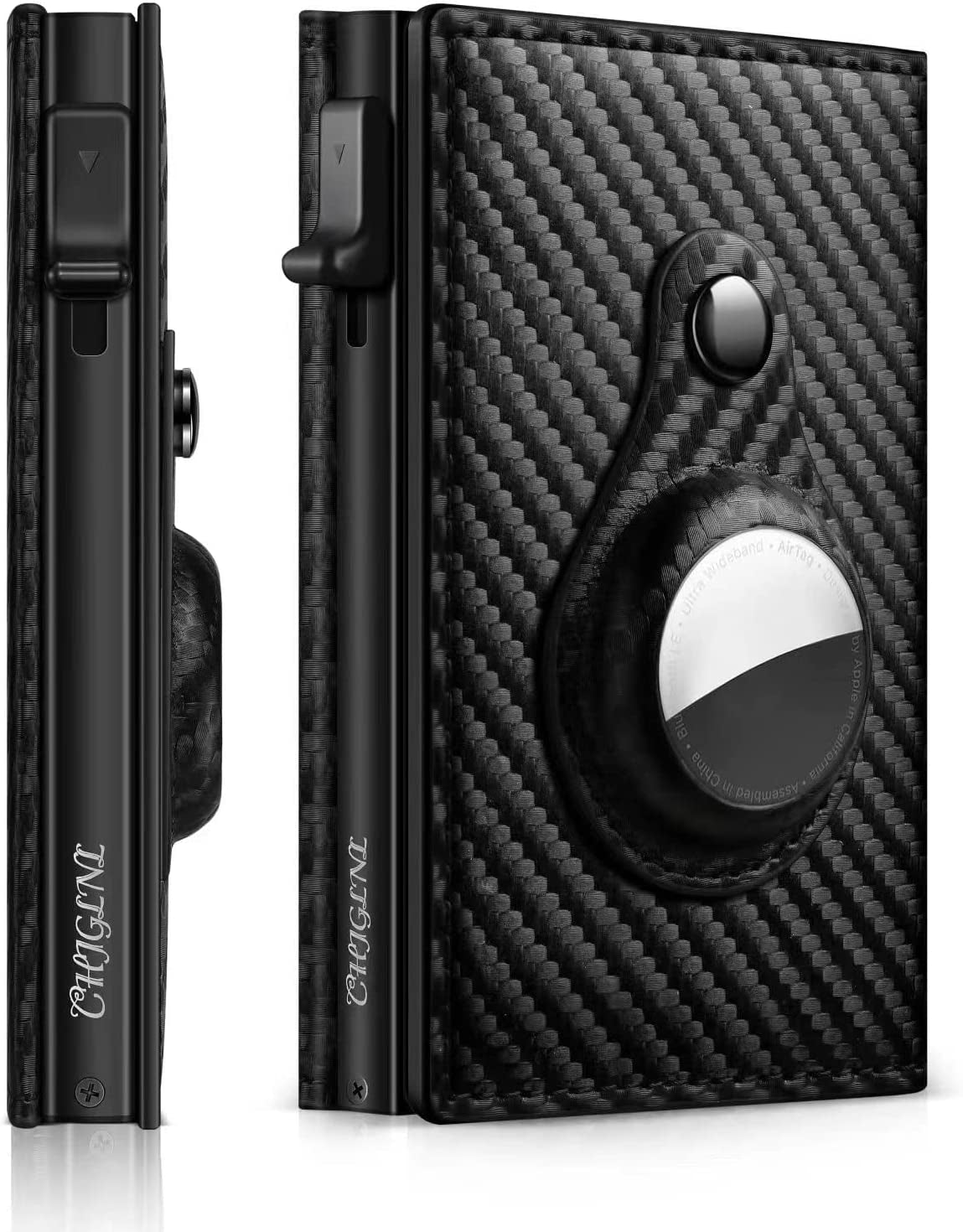 CHJGLNL Genuine Leather Slim Wallet for Men, Pop up Wallet RFID Blocking Money Credit Card Holder Minimalist Smart Wallet Ideal for Men'S Gift  CHJGLNL AirTag-Carbon Fiber Black  