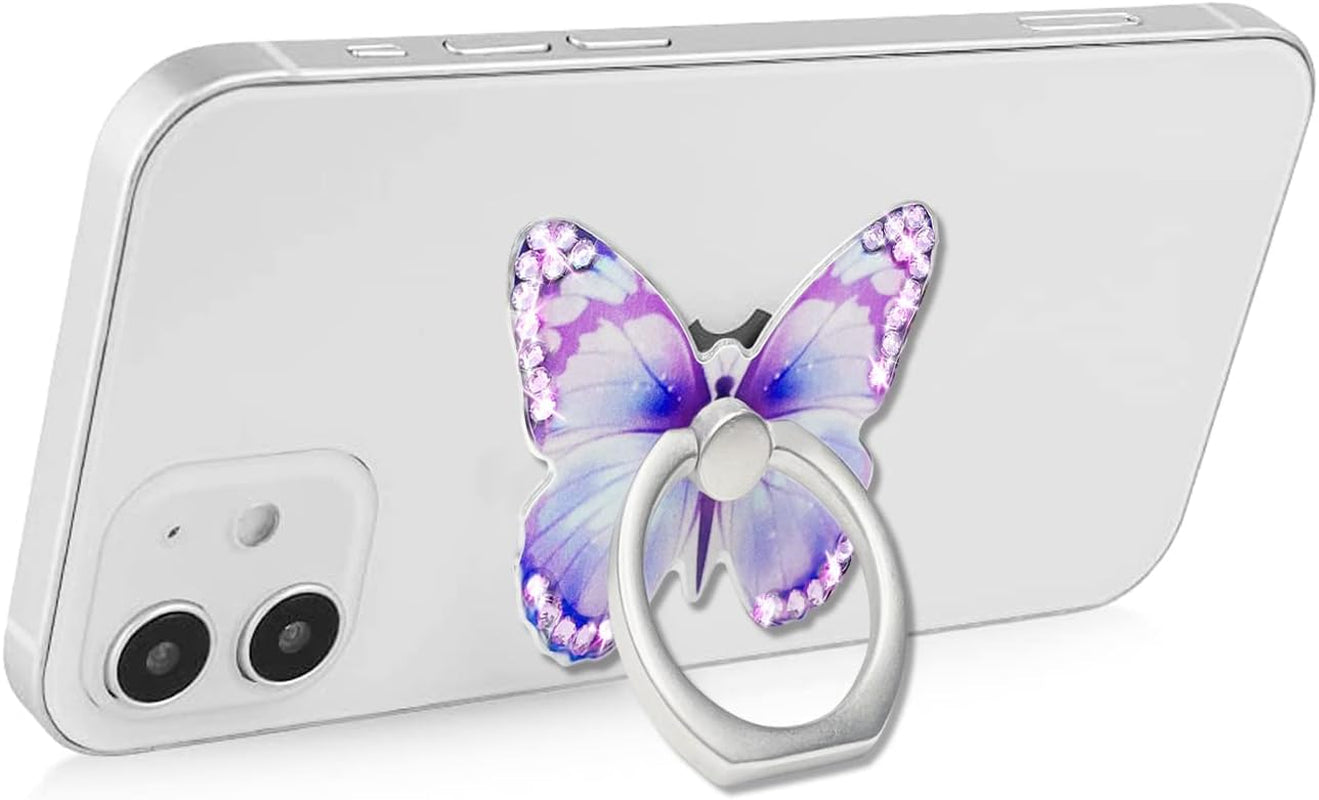 Bling Cute Butterfly Cell Phone Ring Holder with Crystal Rhinestone 360°Rotation Metal Finger Stand Kickstand Universal Compatible with Iphone Samsung Galaxy LG Google Ipad 2 Pack（Purple & Pink）  Walaivgne   