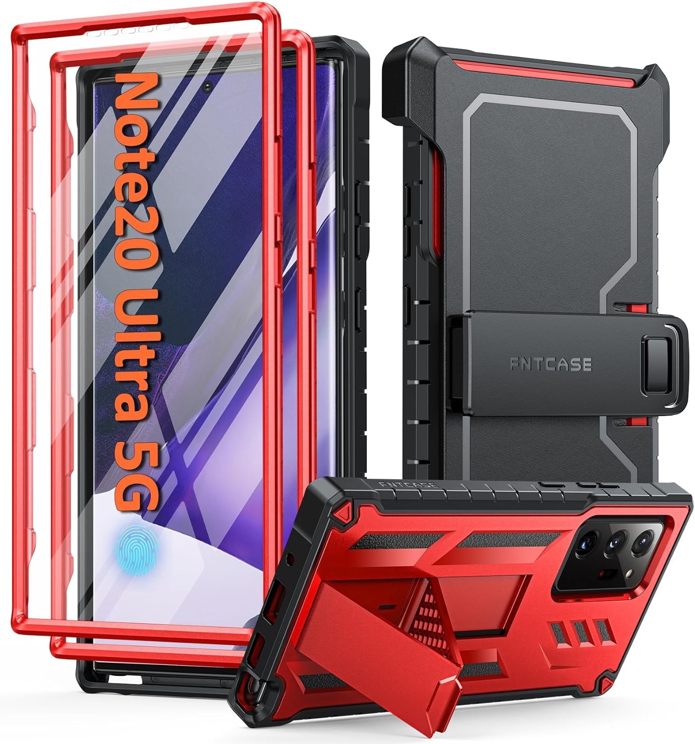 FNTCASE for Samsung Galaxy Note-20-Ultra Case: with Belt-Clip Holster & Built-In Screen Protector & Kickstand, Full-Body Dual Layer Rugged Heavy Duty Shockproof Protective Cell Phone Cover 5G-Black  FNTCASE Red  