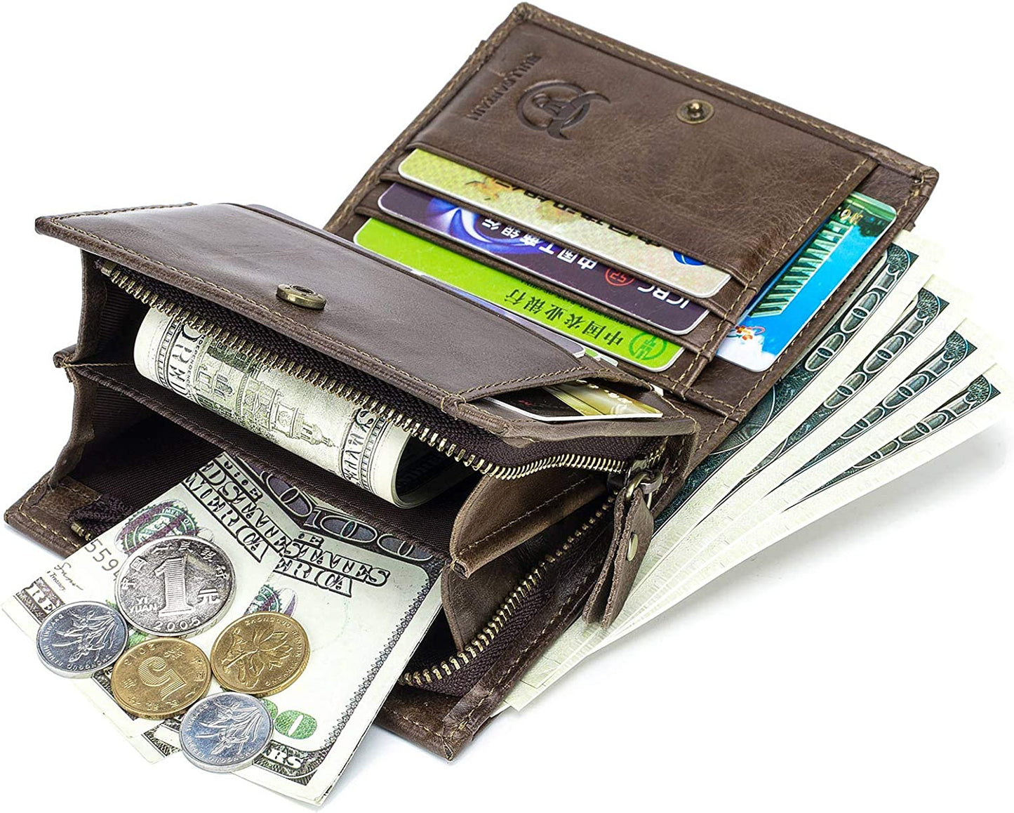 Mens RFID Blocking Wallet,Leather Vintage Bifold Card Holder Purse with Zipper  BULLCAPTAIN   