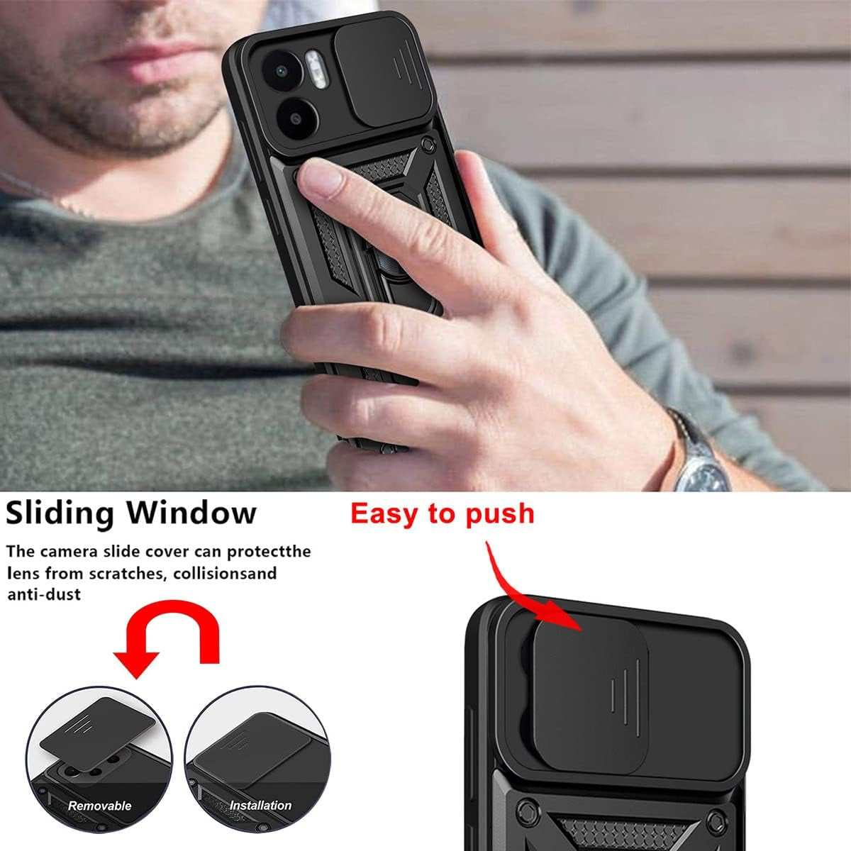 Ysnzaq Military Grade Heavy Duty Case for Xiaomi Redmi A1 /Redmi A2, Sliding Window Lens Protection with Magnetic Bracket Phone Cover for Xiaomi Redmi A1 /Redmi A2 SJ Red  Ysnzaq   