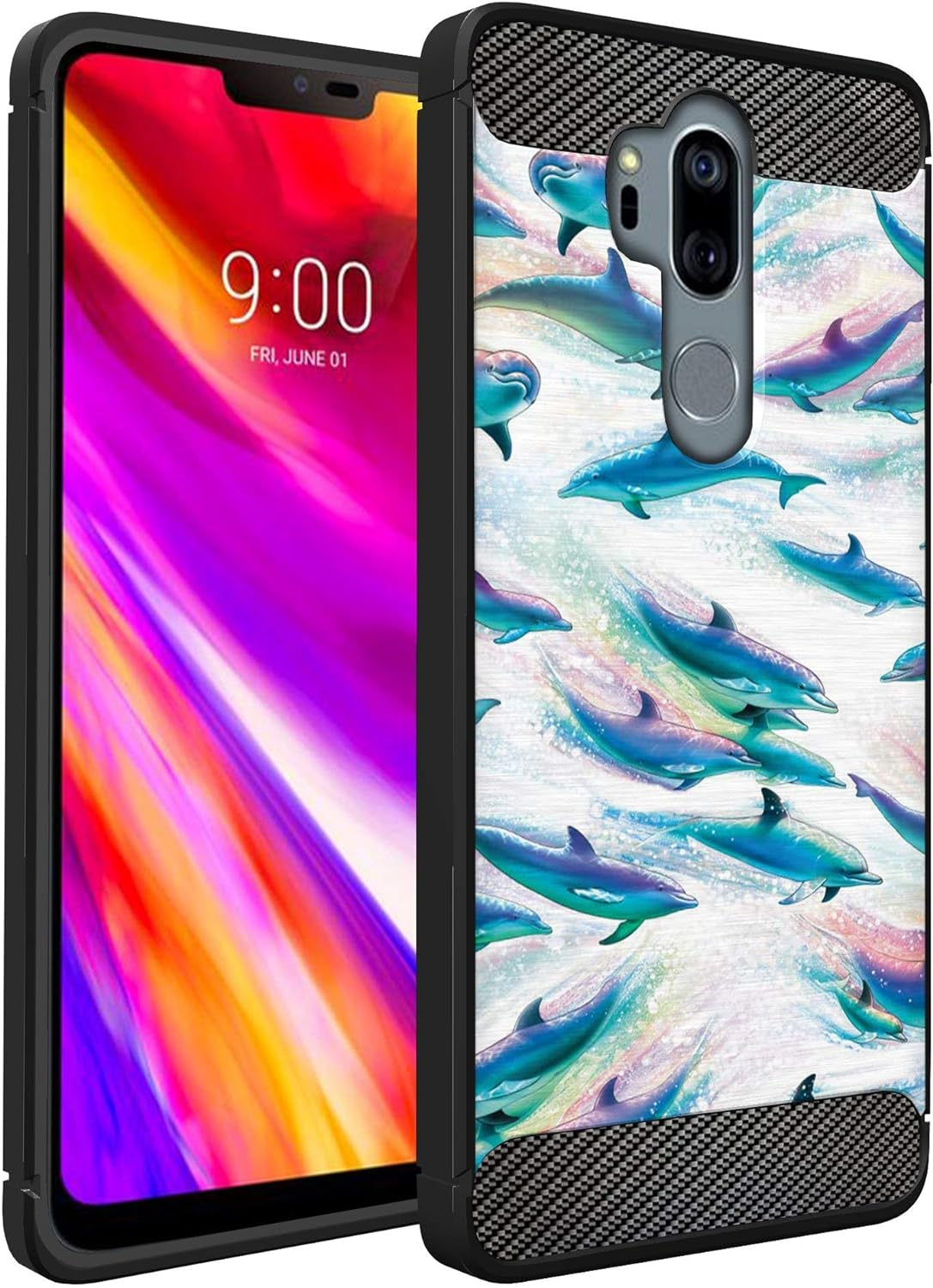 Casesondeck Case Compatible with [LG G7 Thinq | LG G7] LG G7 Design Case, Slim Black Flexible Sleek Shock Protection TPU Case (Pink Galaxy Stars)  CasesonDeck Dolphins  