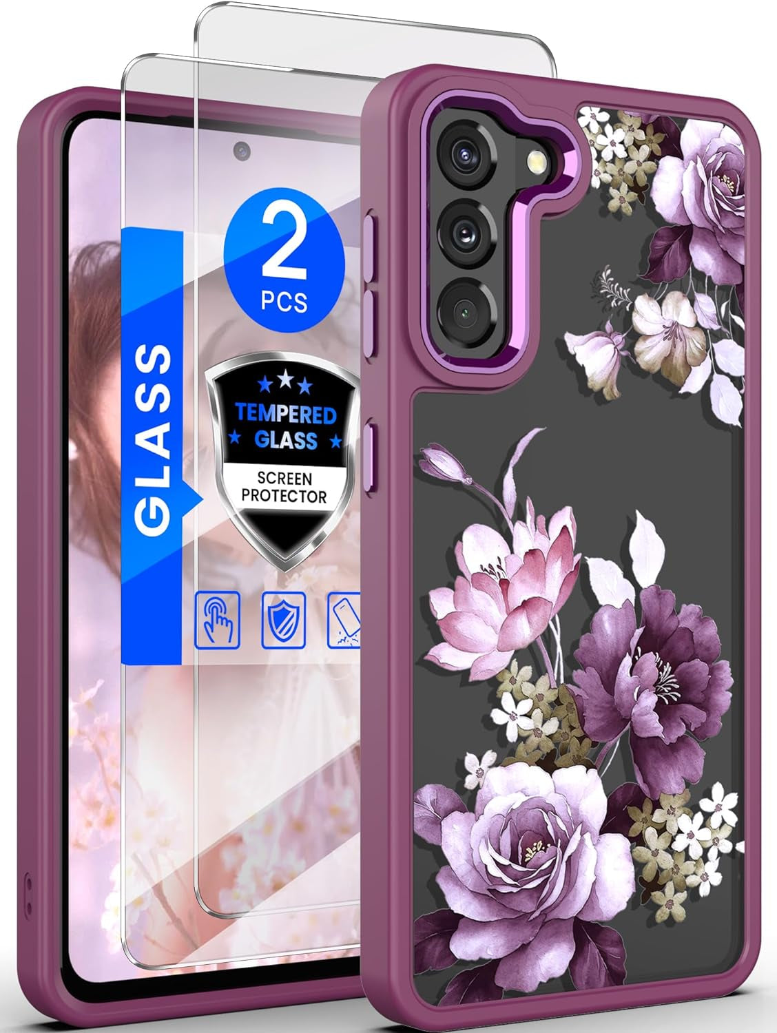 Dretal for Samsung Galaxy S21 5G Case Floral, Military Grade Drop Tested Hard Back & Soft Edge Slim Flower Women Girls Phone Protective Cover + Tempered Glass Screen Protector for Galaxy S21（Green  Dretal Purple Lady'S Phone Cover Samsung Galaxy S21 5G 