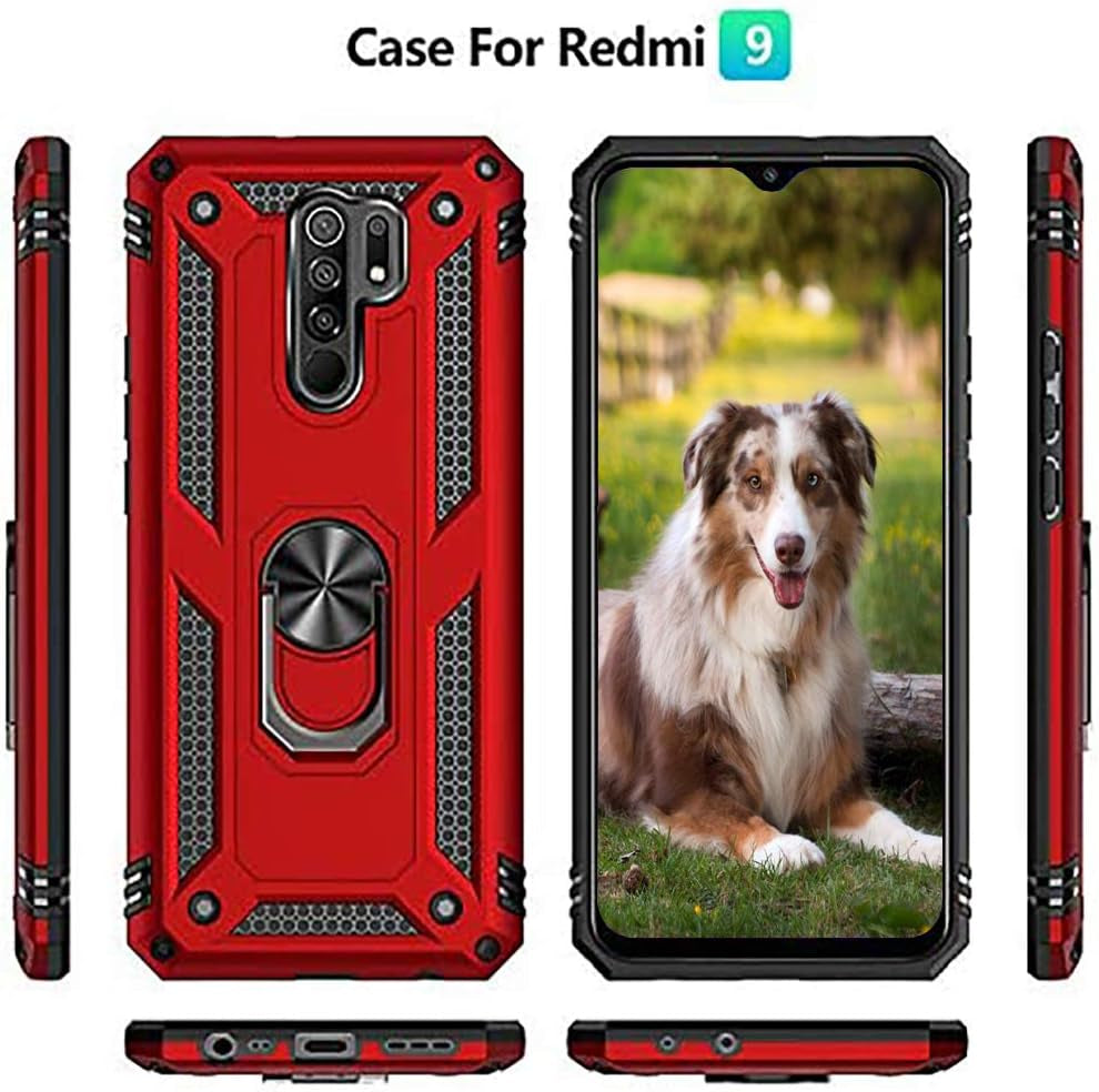 Duolide for Xiaomi Redmi 9 6.53" Case with Tempered Glass Screen Protector,Hybrid Heavy Duty Dual Layer Anti-Scratch Shockproof Defender Kickstand Case Cover, Red  DuoLide   