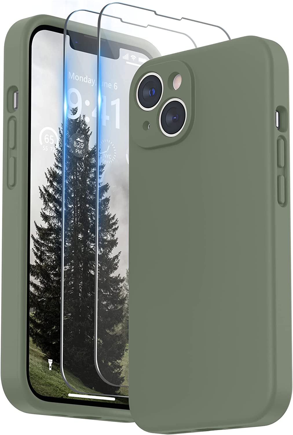 SURPHY Compatible with Iphone 14 Case with Screen Protector (Camera Protection + Soft Microfiber Lining) Liquid Silicone Phone Case 6.1 Inch 2022, Black  SURPHY Olive  