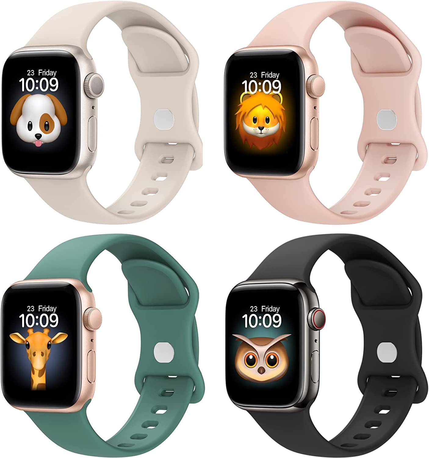 BRG 4 Pack Bands for Apple Watch Band Series Ultra SE 8 7 6 5 4 3 2 1 40Mm 38Mm 44Mm 42Mm 45Mm 41Mm 49Mm, Women and Men Sport Apple Watch Bands, Soft Silicone Strap Replacement for Iwatch Bands  BRG A--Black/Olive Green/Pink Sand/Starlight 45mm/44mm/42mm/49mm 