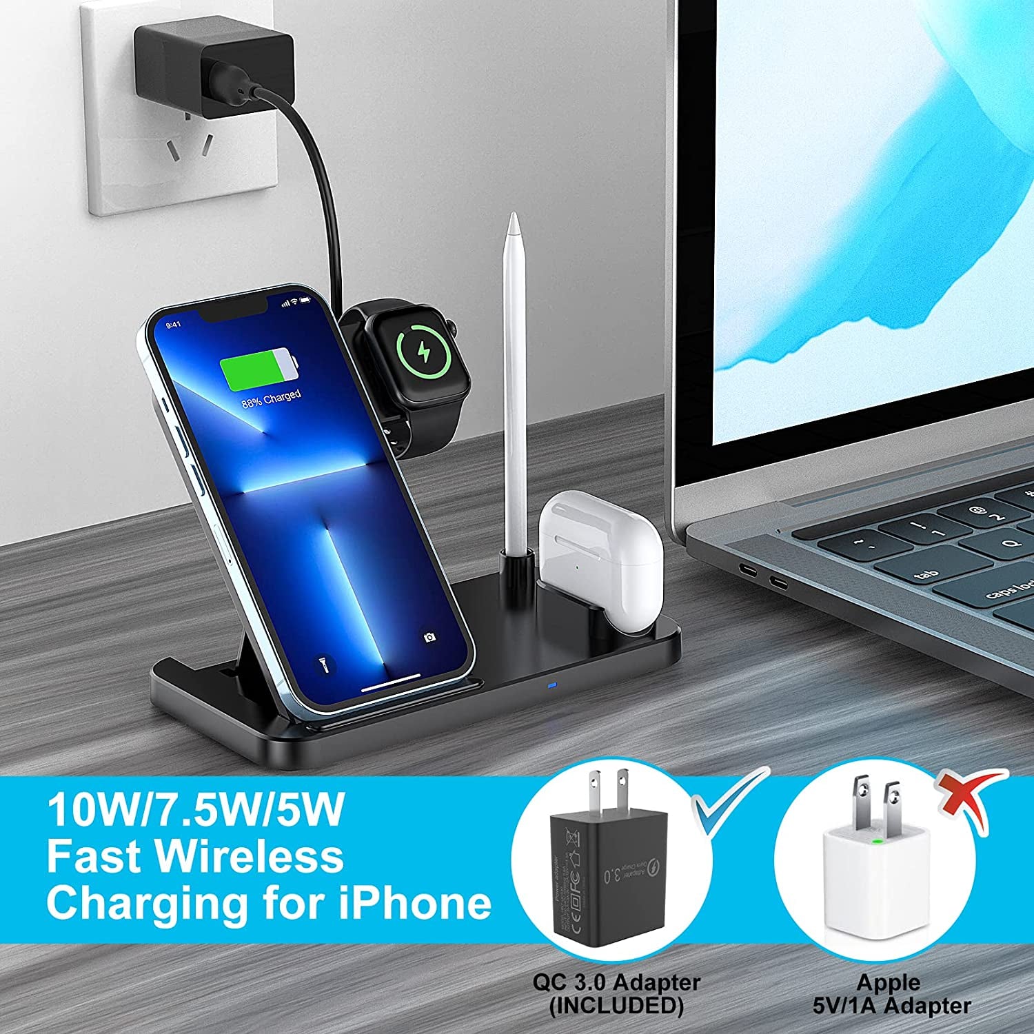 Wireless Charger, CANUVU 4 in 1 Foldable Fast Charging Station Compatible Iwatch & Airpods & Apple Pencil, Iphone 14/13/12/11Series(Pro & Pro Max)/X/Xs/Xs/8, Android Phone(With QC3.0 Adapter)  CANUVU   