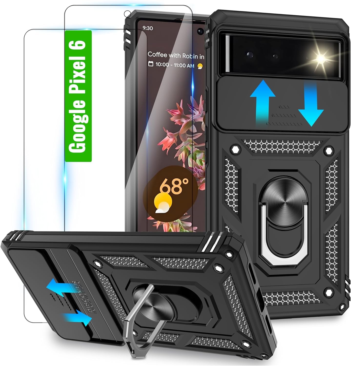 Ibaove for Google Pixel 6 Case with Slide Camera Cover+2 HD Screen Protector, [Military Grade] Shockproof Phone Case with Ring Kickstand for Google Pixel 6 Phone, Black  iBaove   