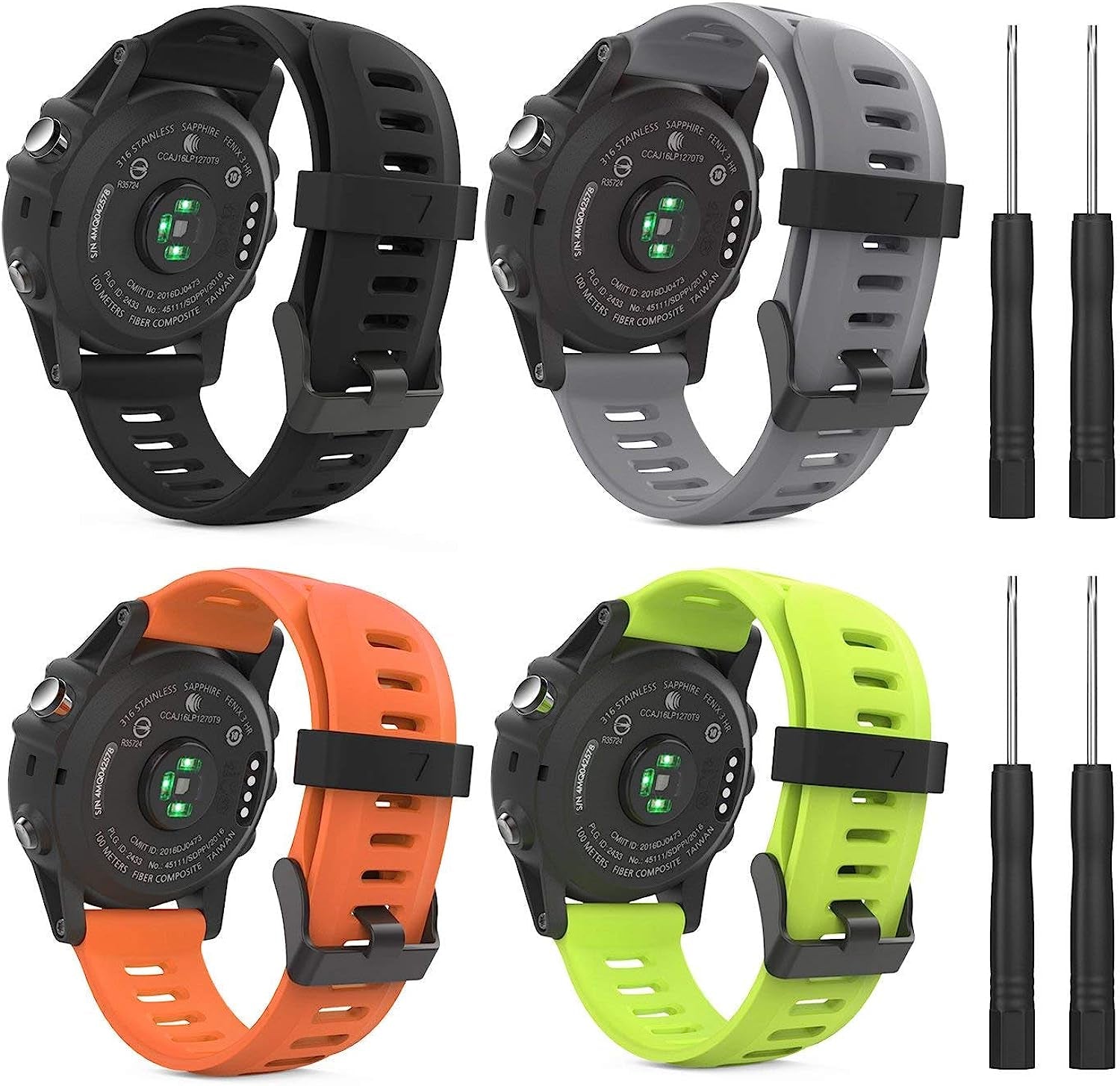 Moko Garmin Fenix 3 / Fenix 5X Watch Band, Soft Silicone Replacement Watch Band for Garmin Fenix 3 / Fenix 3 Hr/Fenix 5X Smart Watch, 4Pack  MoKo Black & Gray & Orange & Green  