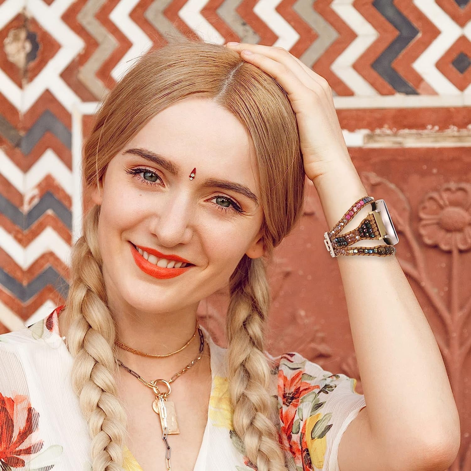 20Mm Boho Beaded Bracelet for Samsung Galaxy Watch 4/5 Band/Active 2 Watch Bands 40Mm 44Mm, Galaxy Watch 5 Pro Band, Multilayer Wraps Natural Stone Strap for Watch 4 Classic 42Mm 46Mm/Watch 3 41Mm  WONMILLE   