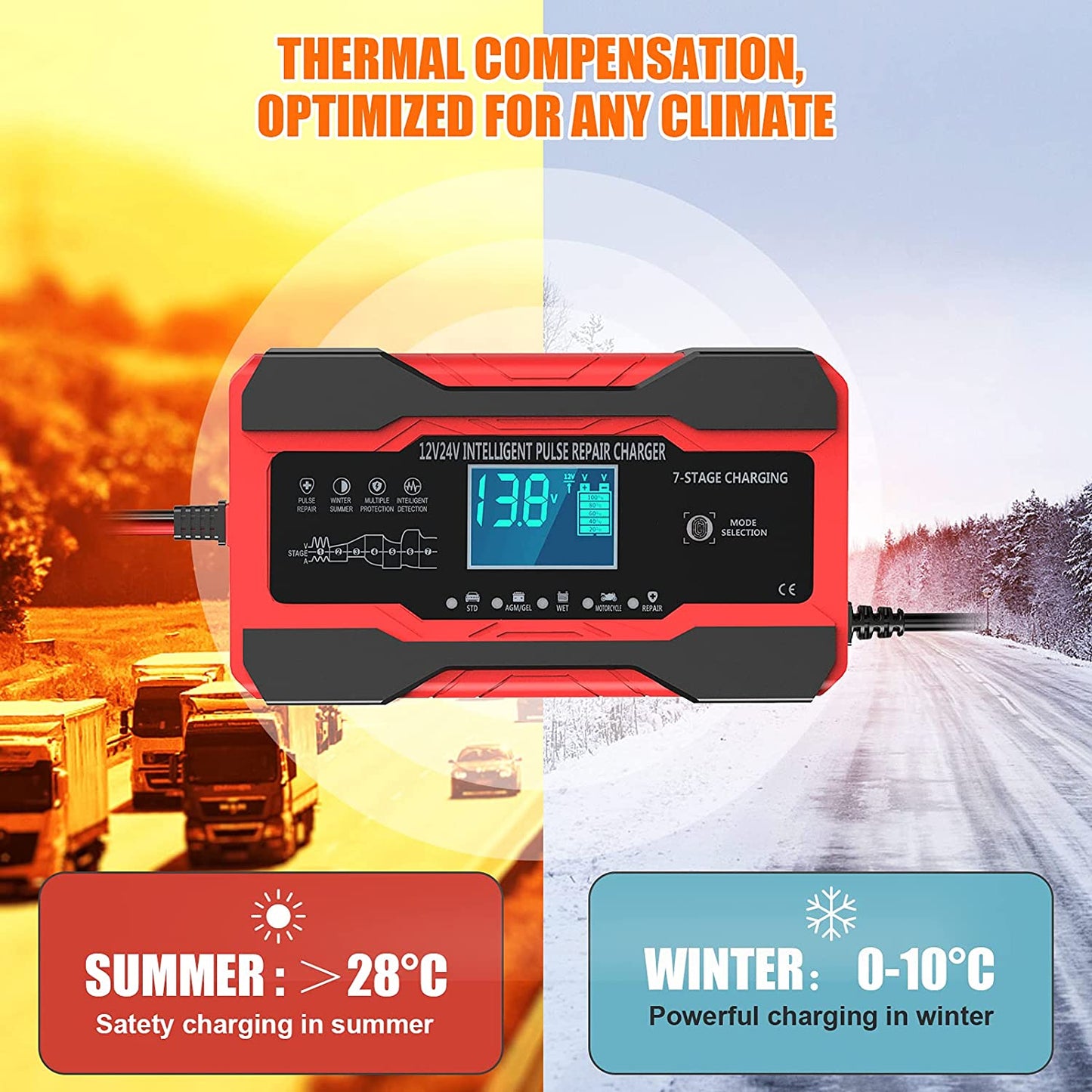 YONHAN Battery Charger 10-Amp 12V and 24V Fully-Automatic Smart Car Battery Charger, Battery Maintainer Trickle Charger, and Battery Desulfator with Temperature Compensation  YONHAN   