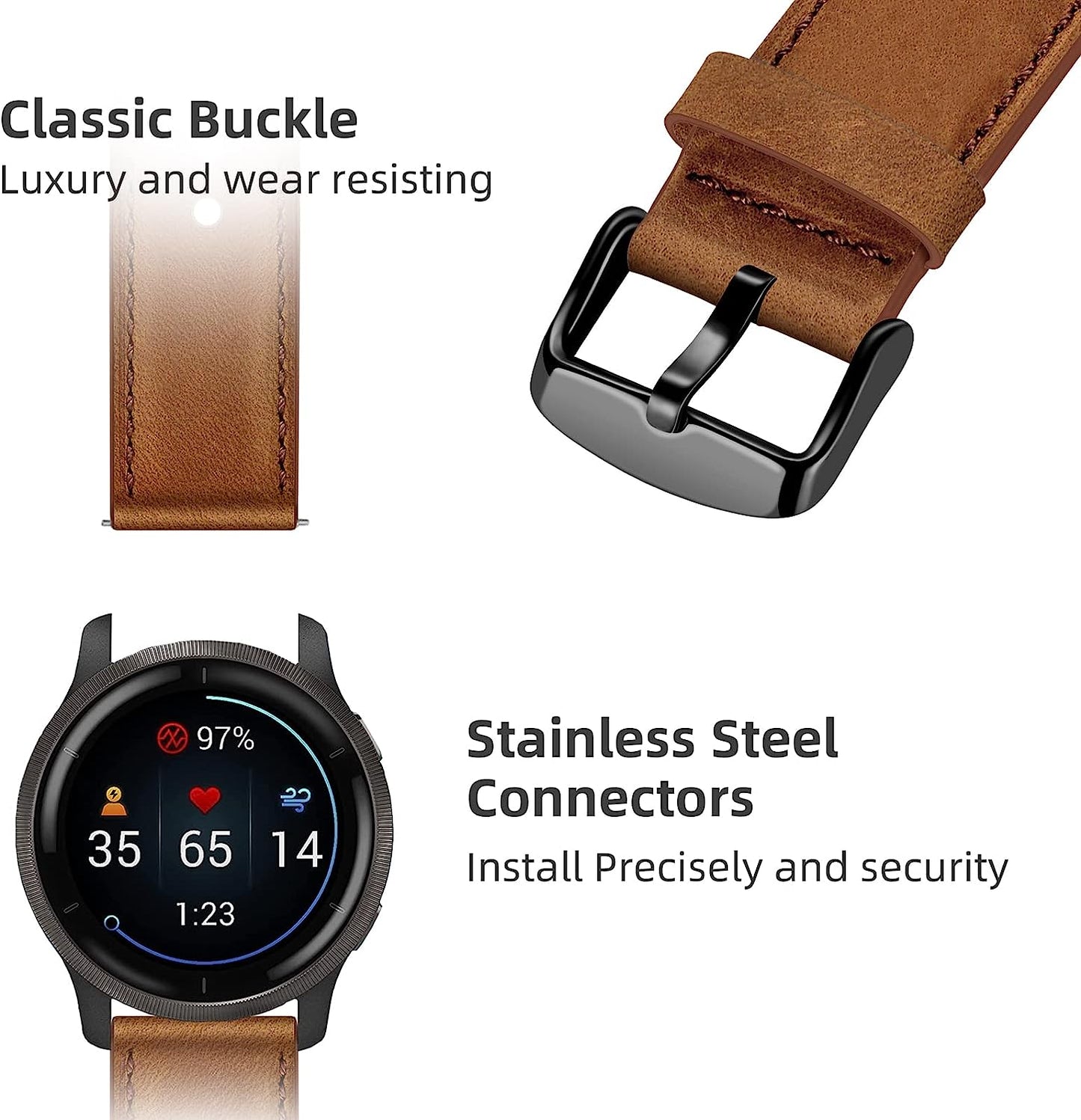 Wanme Bands for Garmin Venu / Venu 2 plus / Venu Sq Watch Band Women Men, 20Mm Leather Replacement Wristband Strap for Garmin Vivomove Sport, Vivoactive 3 / 3 Music, Forerunner 645 / 245 Music Smart Watch  Wanme   