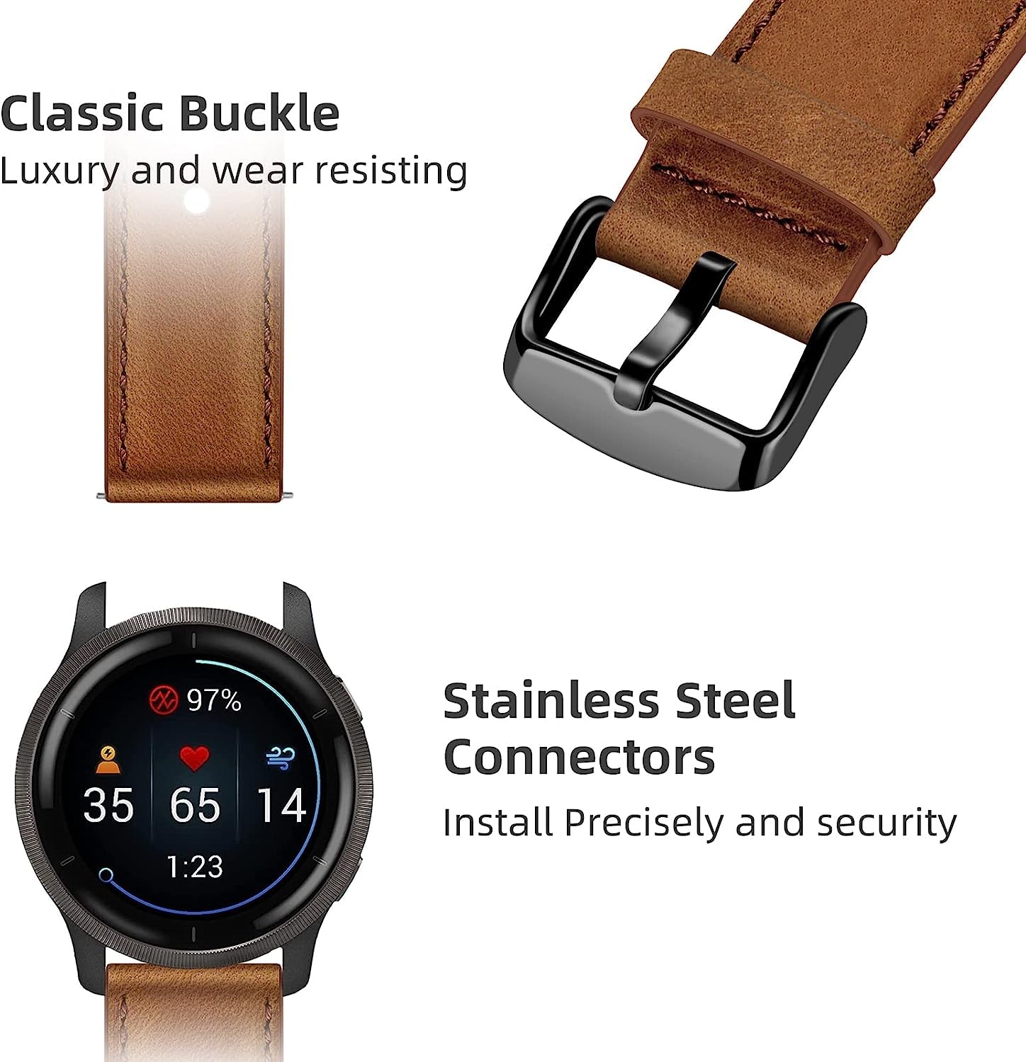 Wanme Bands for Garmin Venu / Venu 2 plus / Venu Sq Watch Band Women Men, 20Mm Leather Replacement Wristband Strap for Garmin Vivomove Sport, Vivoactive 3 / 3 Music, Forerunner 645 / 245 Music Smart Watch  Wanme   