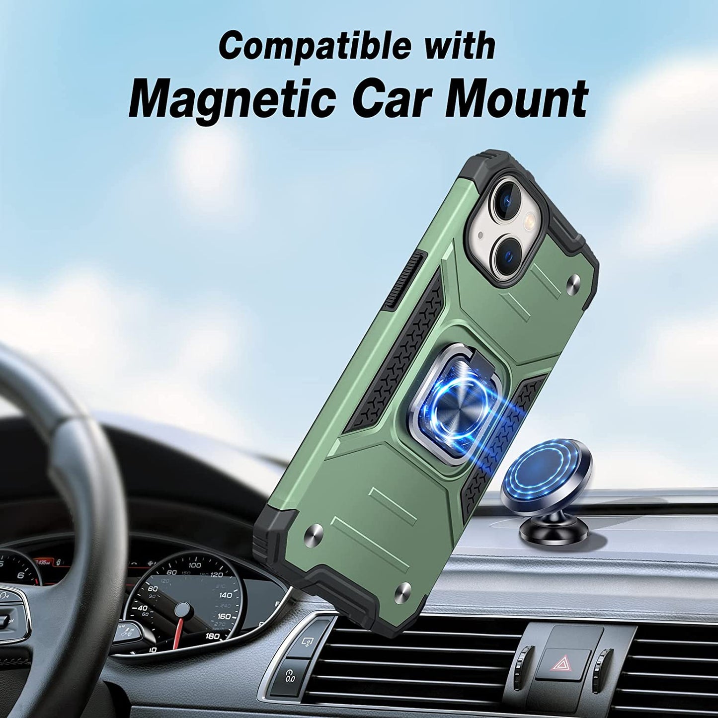 JAME for Iphone 14 Case with Screen Protector [2 PCS], Shockproof Bumper Case for Iphone 14 Case for Women & Men, Heavy-Duty Protection with Metal Ring Kickstand Case for Iphone 14, Alpine Green  XJXIN   