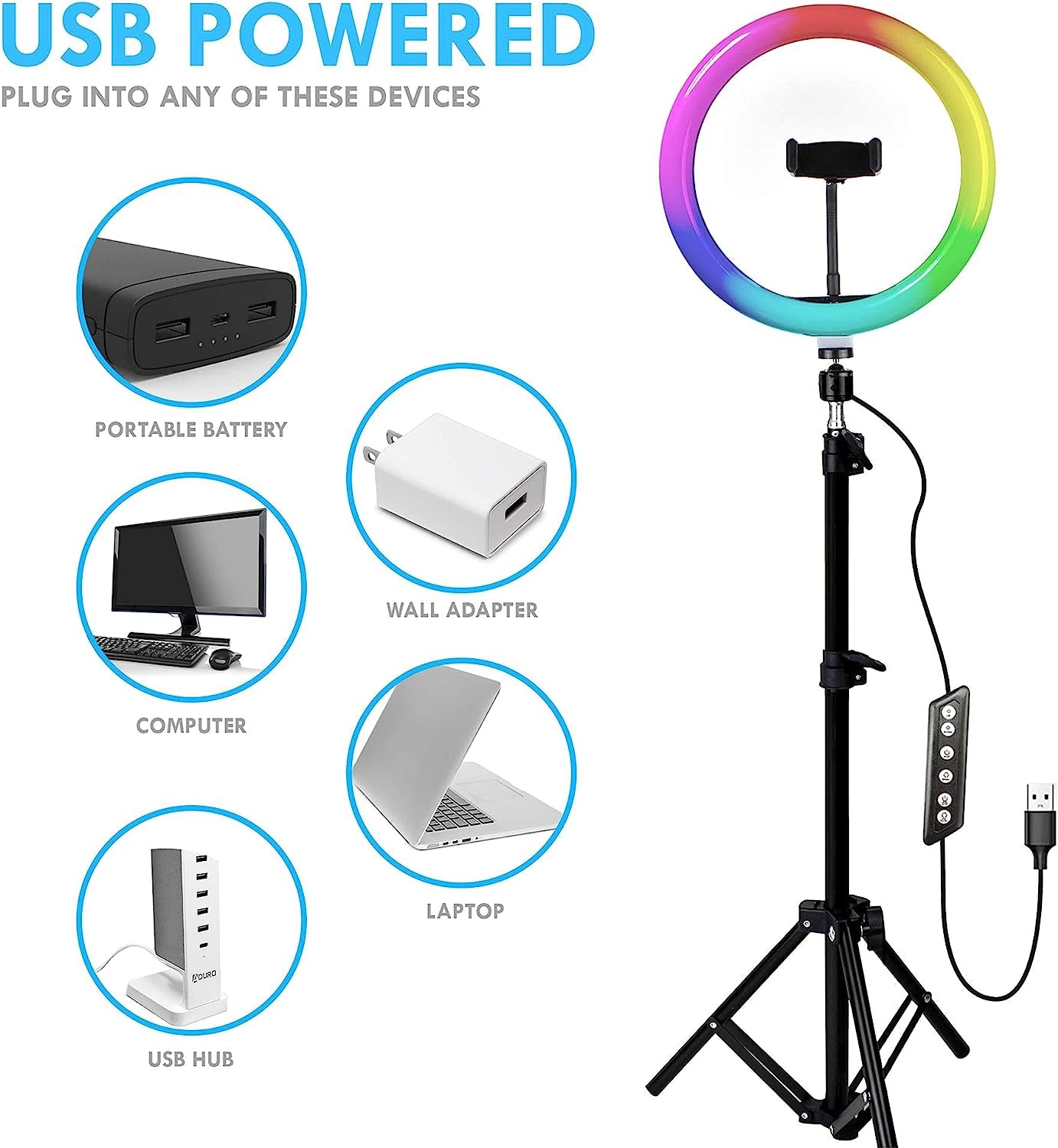 Aduro U-Stream Selfie RGB Ring Light with Tripod Stand and Remote Control, Dimmable 10" LED Ring Light with Stand and Phone Holder for Photography Makeup Vlogging Live Streaming  Aduro   