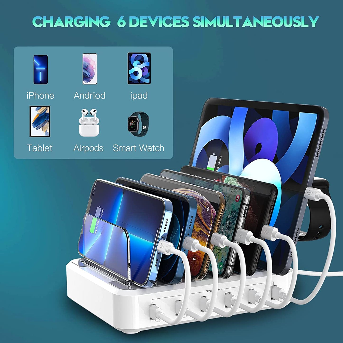 Charging Station for Multiple Devices,60W 12A 6 Port USB Charging Station Organizer with 7 Mixed Cables and Iwatch Charger Holder,Compatible with Cellphone,Tablet, Kindle, Iphone Ipad and More  Chongqing Huixian shangmao youxiangongsi   