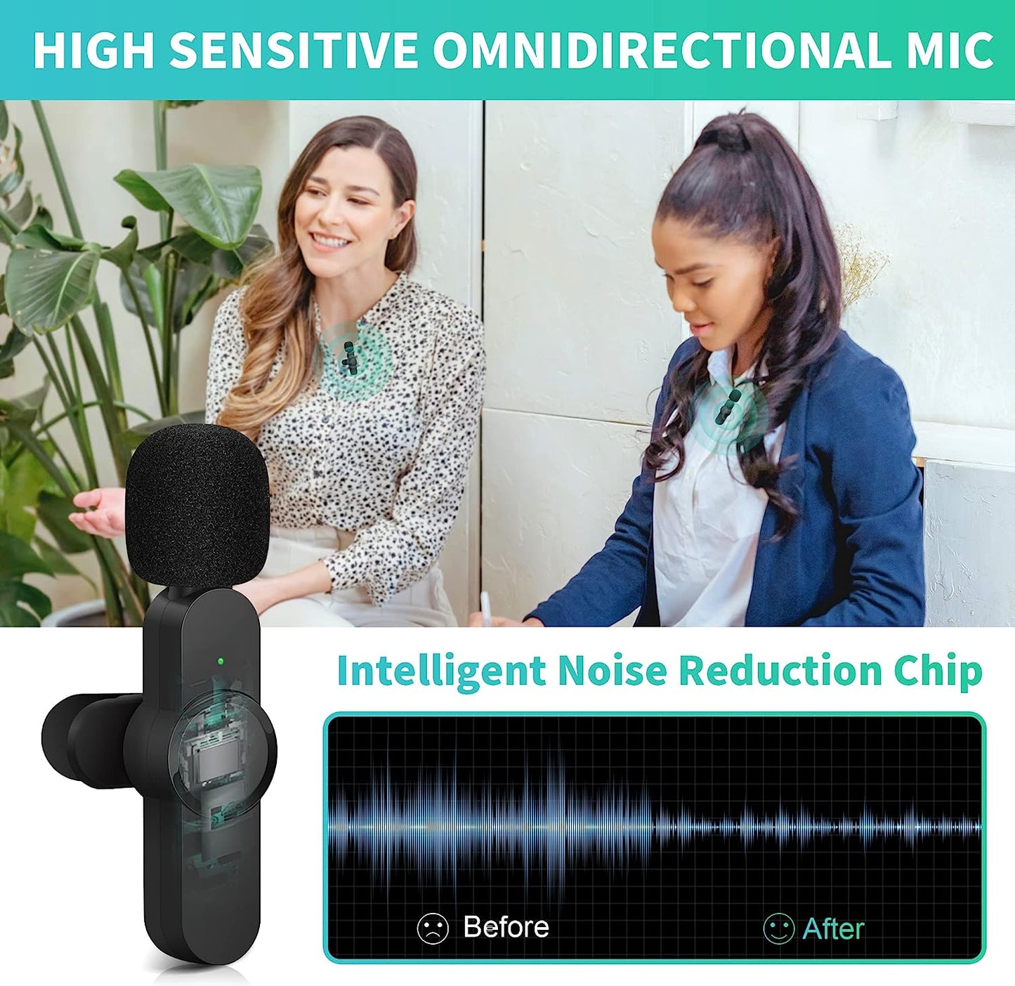 Wireless Lavalier Microphone Clip - Plug & Play Cordless Lapel Mic for Smart Phone, Laptop, Tablet - Active Noise Reduction Technology, Omnidirectional Condenser for Clear Audio Recording - 2-Pack  Generic   