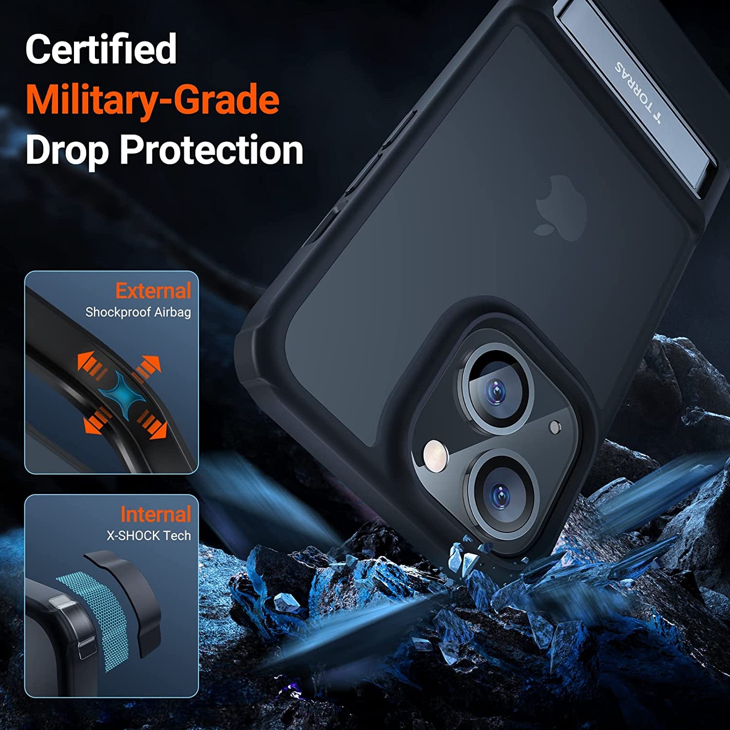 TORRAS Marsclimber Designed for Iphone 13 Case/Iphone 14 Case, [3 Stand Ways] [8FT Military Grade Shockproof] Translucent Matte Thin Slim Phone Case for Iphone 14/ Iphone 13 with Stand, Black  TORRAS   