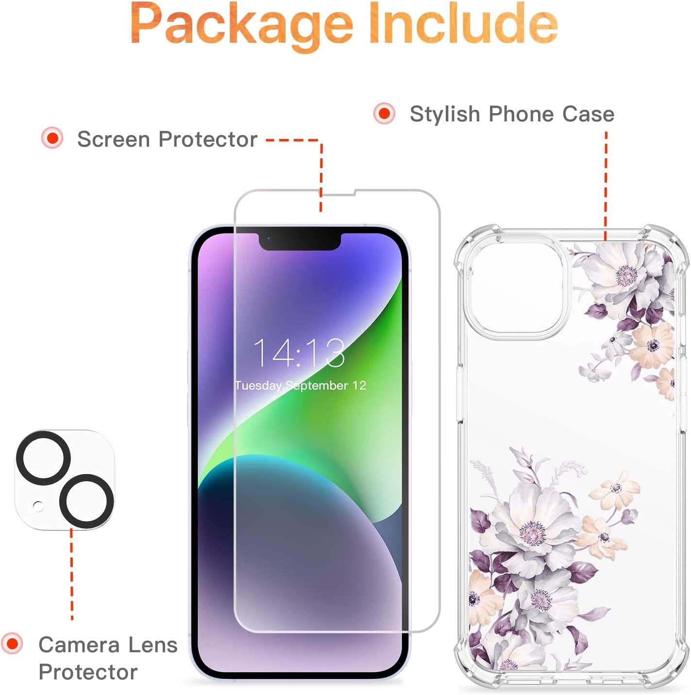 GVIEWIN Compatible with Iphone 14 Case with Screen Protector + Camera Lens Protector, Soft Shockproof Clear Floral Phone Protective Cover for Women, Flower Pattern Design 6.1" (Aster/Purple)  GVIEWIN   