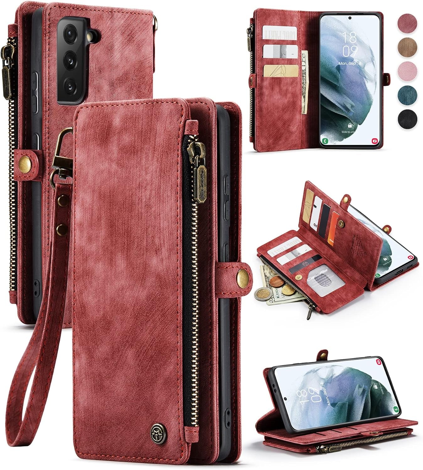 Defencase for Samsung Galaxy S21 Case, RFID Blocking Galaxy S21 Case Wallet for Women and Men with Card Holder, PU Leather Wrist Strap Zipper Pocket Magnetic Flip Phone Case for Samsung S21 5G, Black  Defencase Fashion Red  