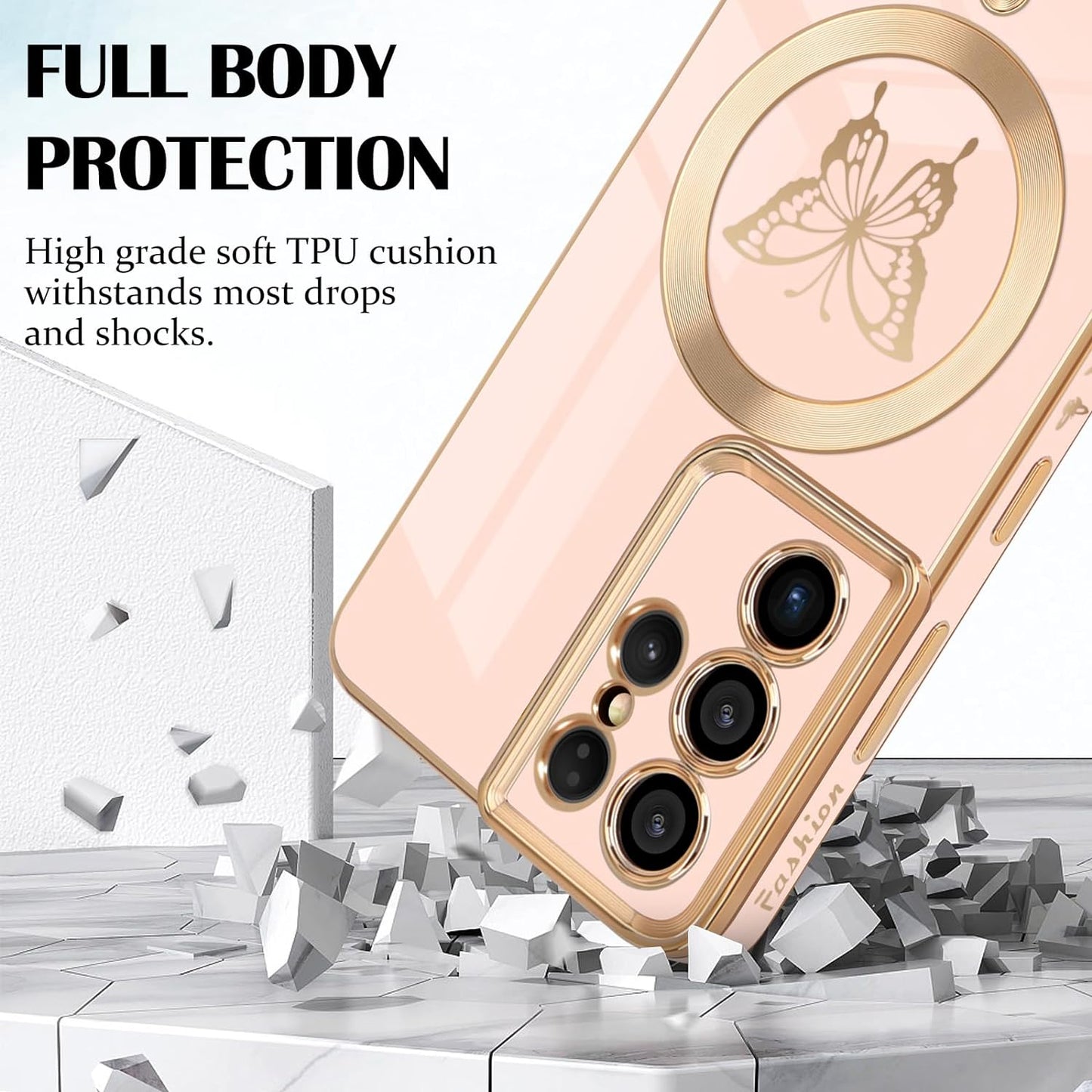 Newseego for Samsung Galaxy S21 Ultra 5G Magnetic Case, Cute Butterfly Plating Edge Case with Magsafe for Women Girls Men Soft TPU Bumper Shockproof Protective Cover for Samsung Galaxy S21 Ultra-Pink  Newseego   