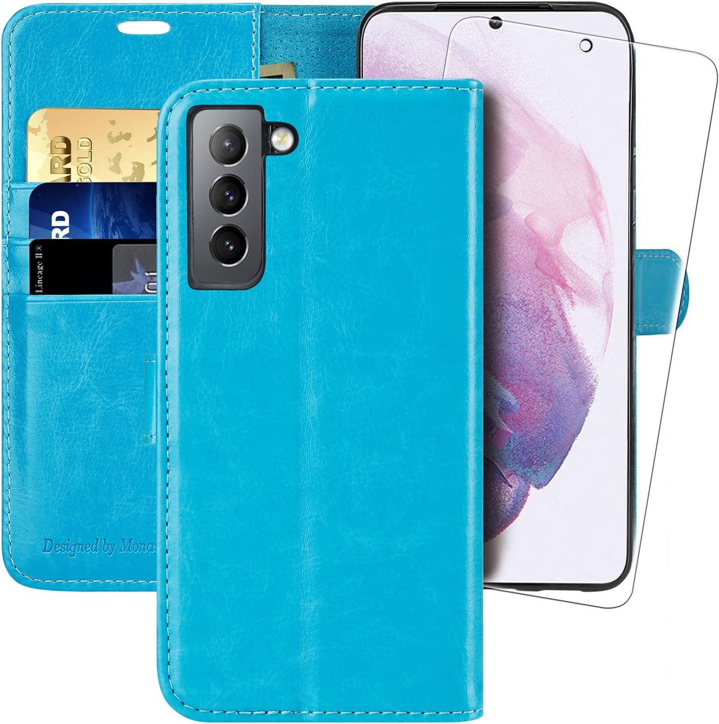 MONASAY Wallet Case for Galaxy S21+Plus 5G, 6.7 Inch [Screen Protector Included][Rfid Blocking] Flip Folio Leather Cell Phone Cover with Credit Card Holder, Lavenders  MONASAY Light Blue  