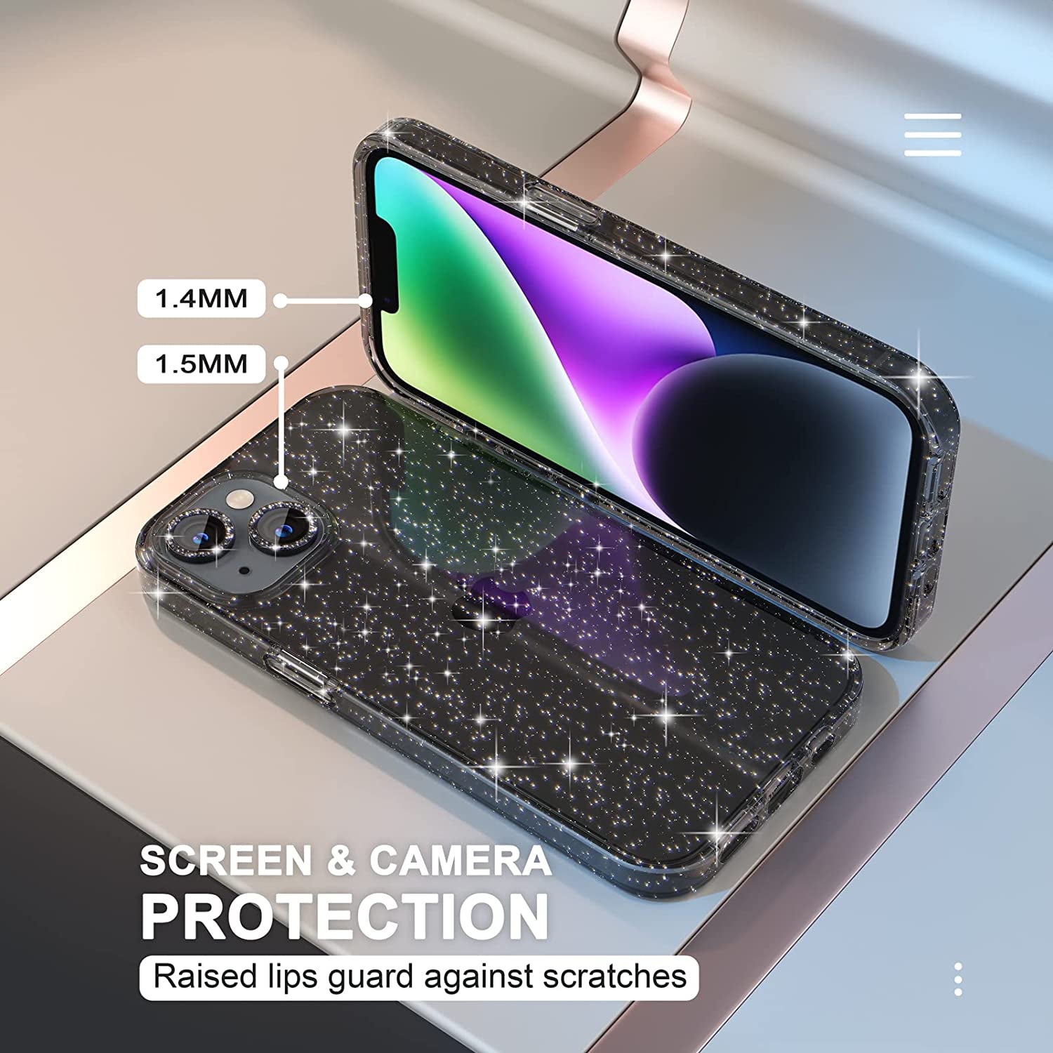 Choiche Compatible for Iphone 14 Case Cute, Women Clear Glitter Bling Sparkly Case, [2 X Diamond Camera Lens Protectors] [2 X Tempered Glass Screen Protectors] 6.1-Inch (Glitter Black)  Choiche   