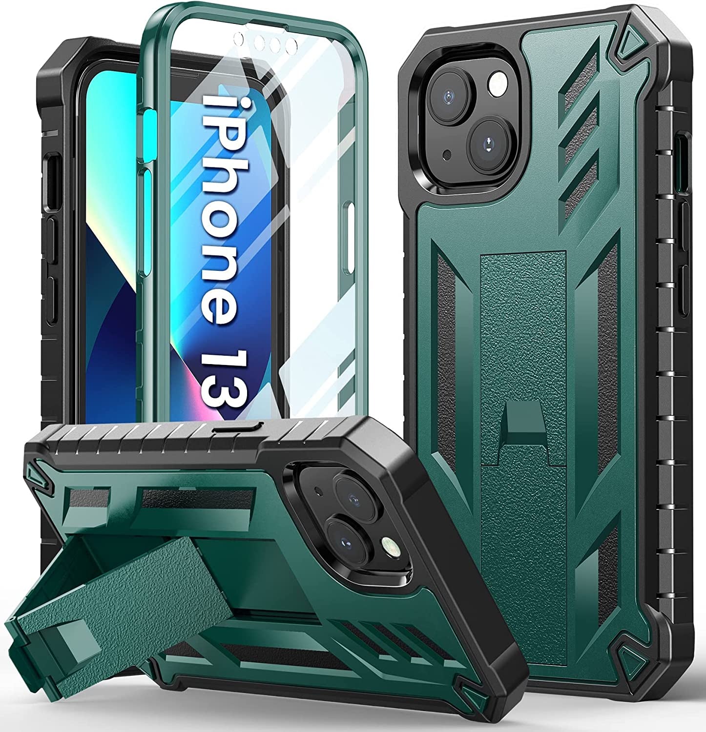 For Iphone 13 Case Protective Cover: Iphone 14 Case Heavy Duty Military Grade Hard Protection Shock Proof Grip | Durable Dual-Layer Design Iphone 13-14 Phone Case with Built-In Kickstand Black  DAMAI Teal  
