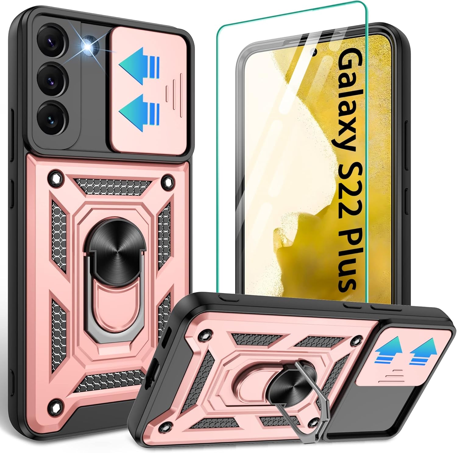 Compatible with Samsung Galaxy S22 plus Case, S22 plus Case with HD Screen Protector with Slide Camera Cover, 360°Rotation Ring Kickstand [Military Grade] Case for Galaxy S22+/S22 plus （Blue  Gritup 1-Rose Gold  