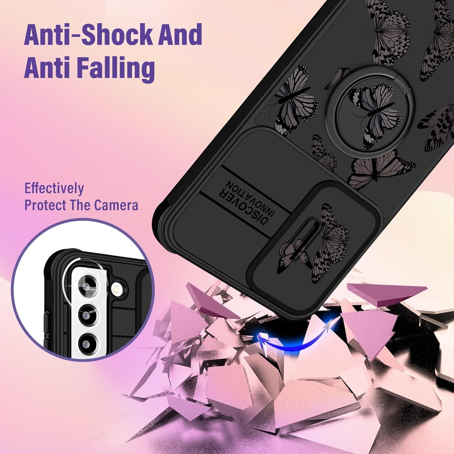 Funermei (2In1 for Samsung Galaxy S21 Case for Women Butterfly Cute Girls Phone Cover Girly Pretty Aesthetic Kawaii Black Butterfly Design with Camera Cover + Ring Stand Funda for Galaxy S21 5G Case  Funermei   