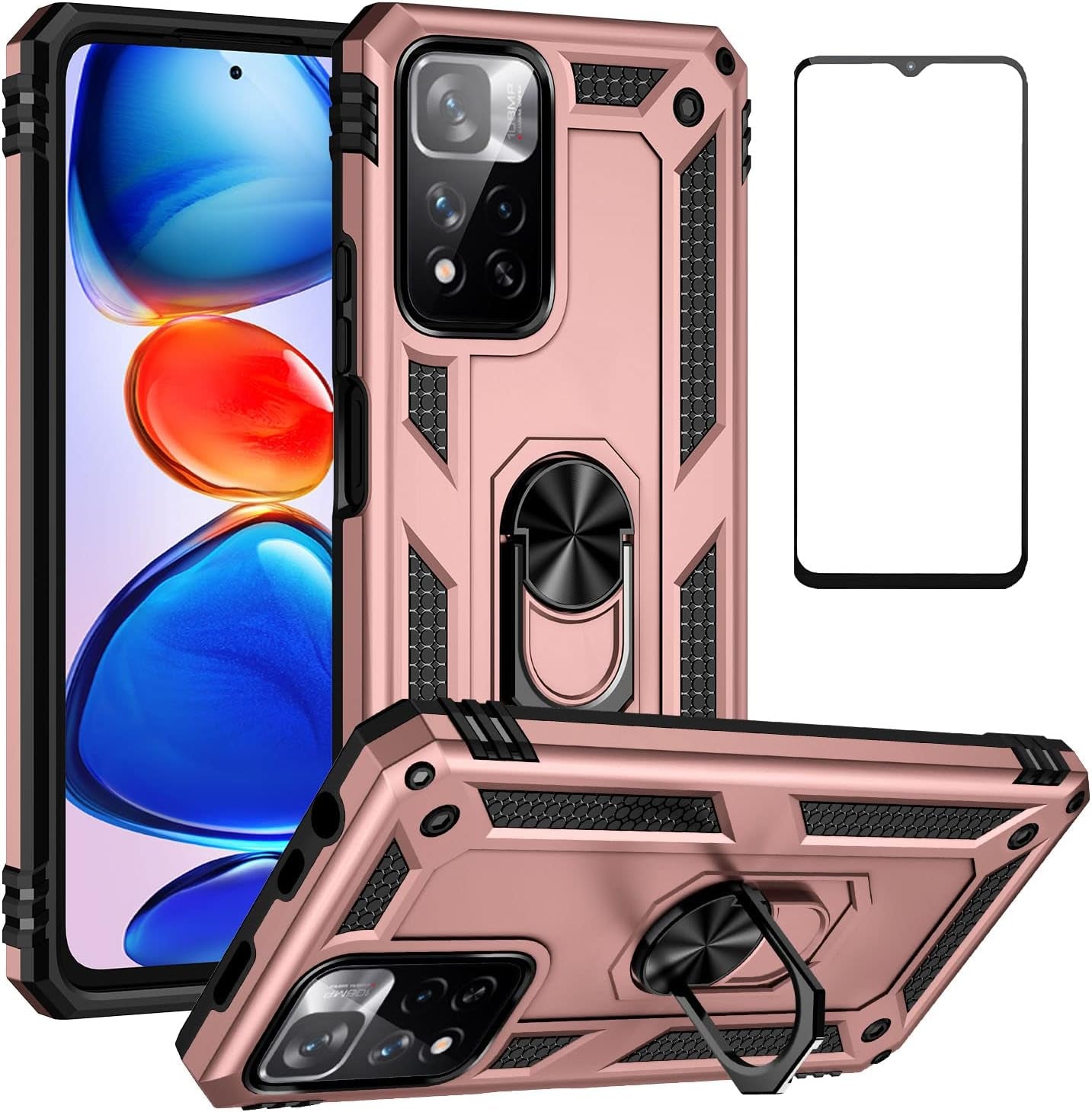 Bozyoodt for Xiaomi Redmi Note 11 Pro plus Case with Screen Protector,Kickstand Heavy Duty Protection Dual Layer Shockproof Military Protective Cover Phone Case for Redmi Note 11 Pro plus (Black)  Bozyoodt Rose Gold  