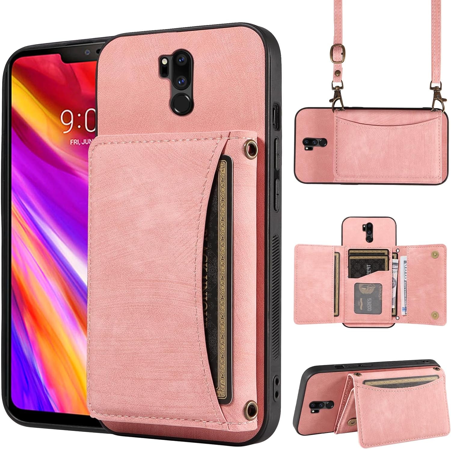 Phone Case for LG G7 Thinq Wallet Cover with Crossbody Shoulder Strap and Leather Credit Card Holder Pocket Slim Stand LGG7 One G 7 plus LG7 Fit Lg7Thinq 7G Thin Q G7+ G7Thinq Lgg7Thinq Girls Red  Dswteny Pink  