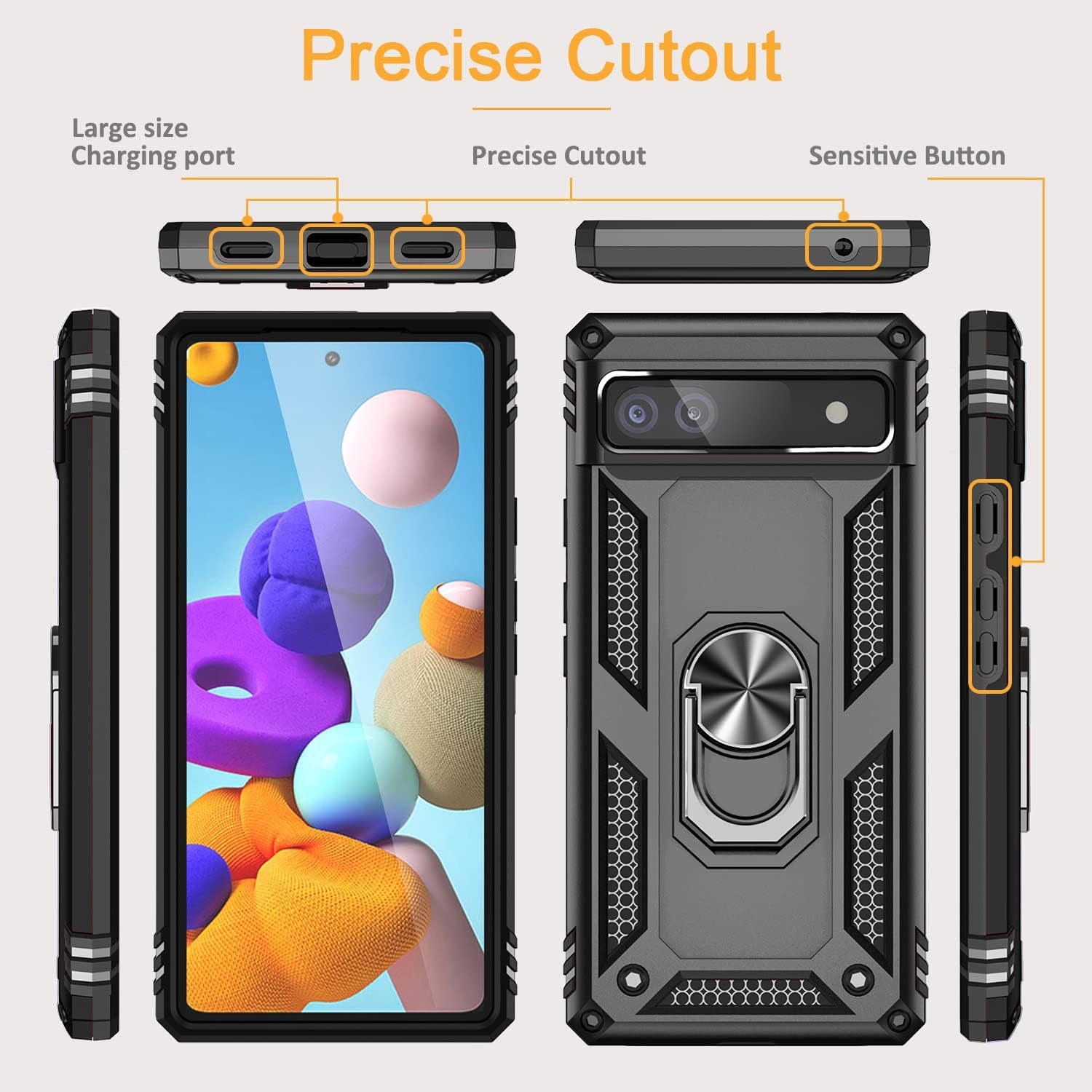 Muntinfe for Google Pixel 6A Case with Tempered Glass Screen Protector [2 Pack], Military-Grade Armor Shockproof Protective Phone Cover with Ring Magnetic Kickstand for Pixel 6A, Black  CAROL   