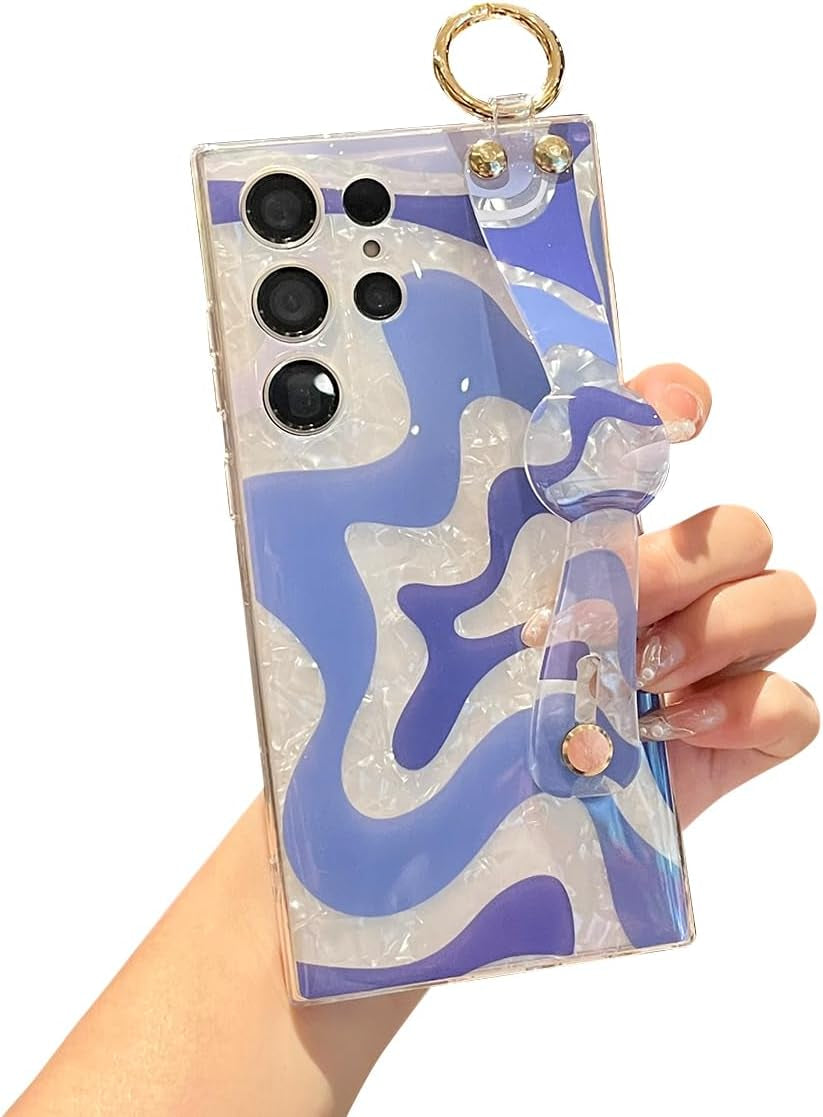 Meishangmei for Samsung Galaxy S22 Ultra Case 6.8" Sparkle Bling with Strap Stand Cute Pattern IMD Plating Design Silicone Shockproof Protective Glitter Cases Cover for Girls and Women - Minnie  Meishangmei Blue Wavy  