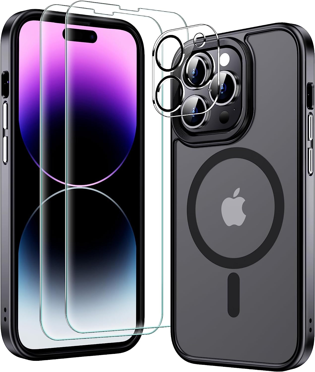 MOZOTER 6-In-1 Magnetic for Iphone 14 Pro Case,[Compatible with Magsafe][Glass Screen Protector+Camera Lens Protector] [Anti-Yellowing] Slim Shockproof for Iphone 14 Pro Phone Case 6.1 Inch-Clear  MOZOTER Skin Black  