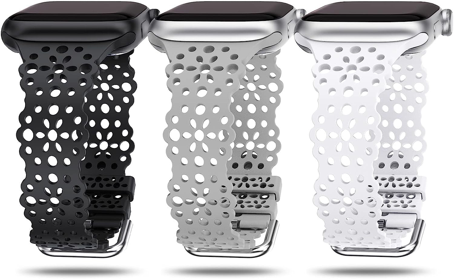 TOYOUTHS Compatible with Apple Watch Band Women 41Mm 40Mm 38Mm Soft Stretchy Silicone Lace Flower Cut-Outs Scalloped Breathable Waterproof Lacy Band for Iwatch Series 8 7 6 5 4 3 2 1 SE  TOYOUTHS Black/White/Grey 41/40/38mm 
