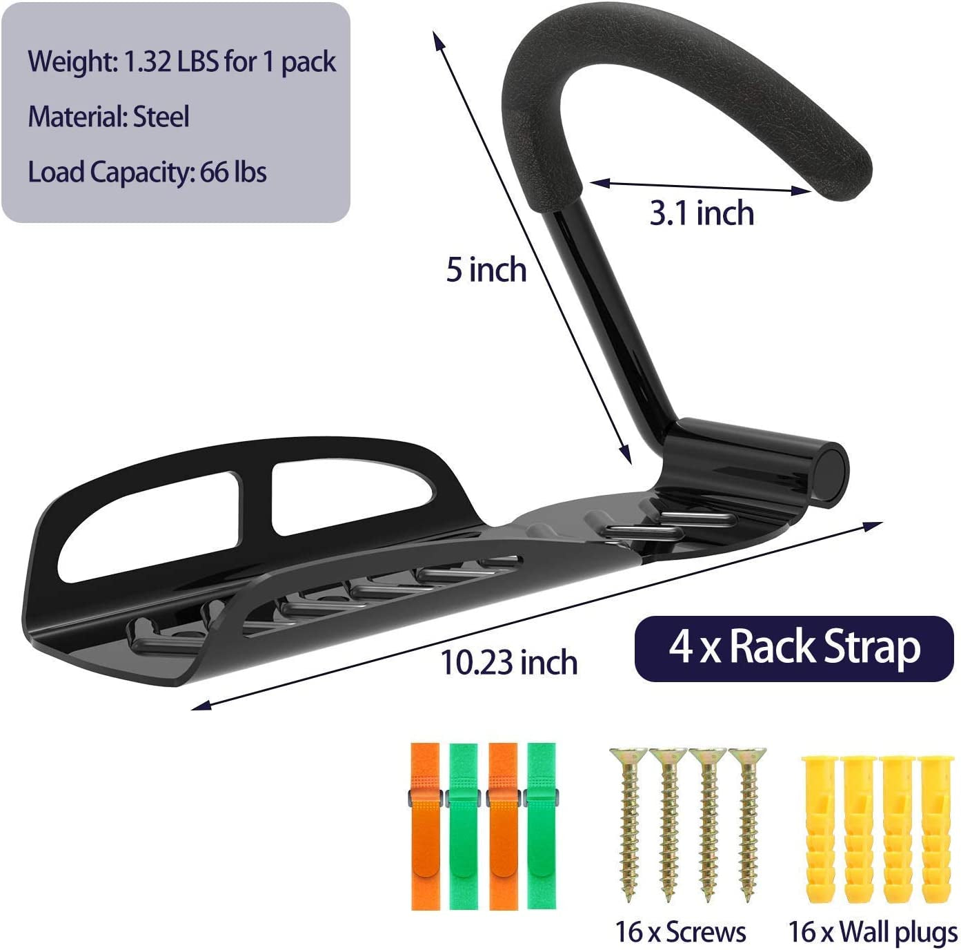 4 Pack Garage Bike Rack Wall Mount Organizer Bike Hook Bicycle Hanger Storage System Vertical Hanging for Indoor Shed Easily Hang Heavy Duty 66 Lbs for Road Mountain Hybrid Bikes with 4 Rack Straps  SMALLRT   