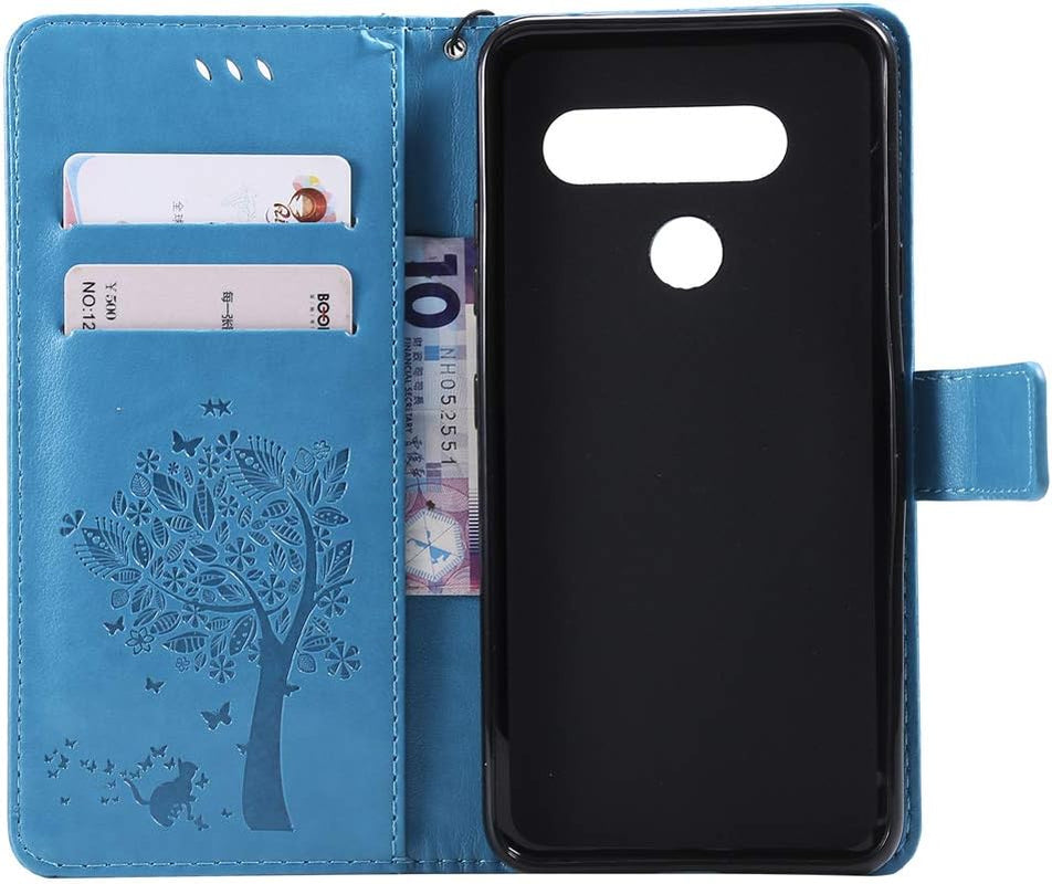 ISADENSER LG V40 Thinq Case LG V40 Flip Case for Women [Wallet Stand] as Case with Cards Slot Holder Cash Pockets Magnetic Closure PU Leather Wallet Case Cover for LG V40 Thinq Blue Cat Wish Tree  ISADENSER   