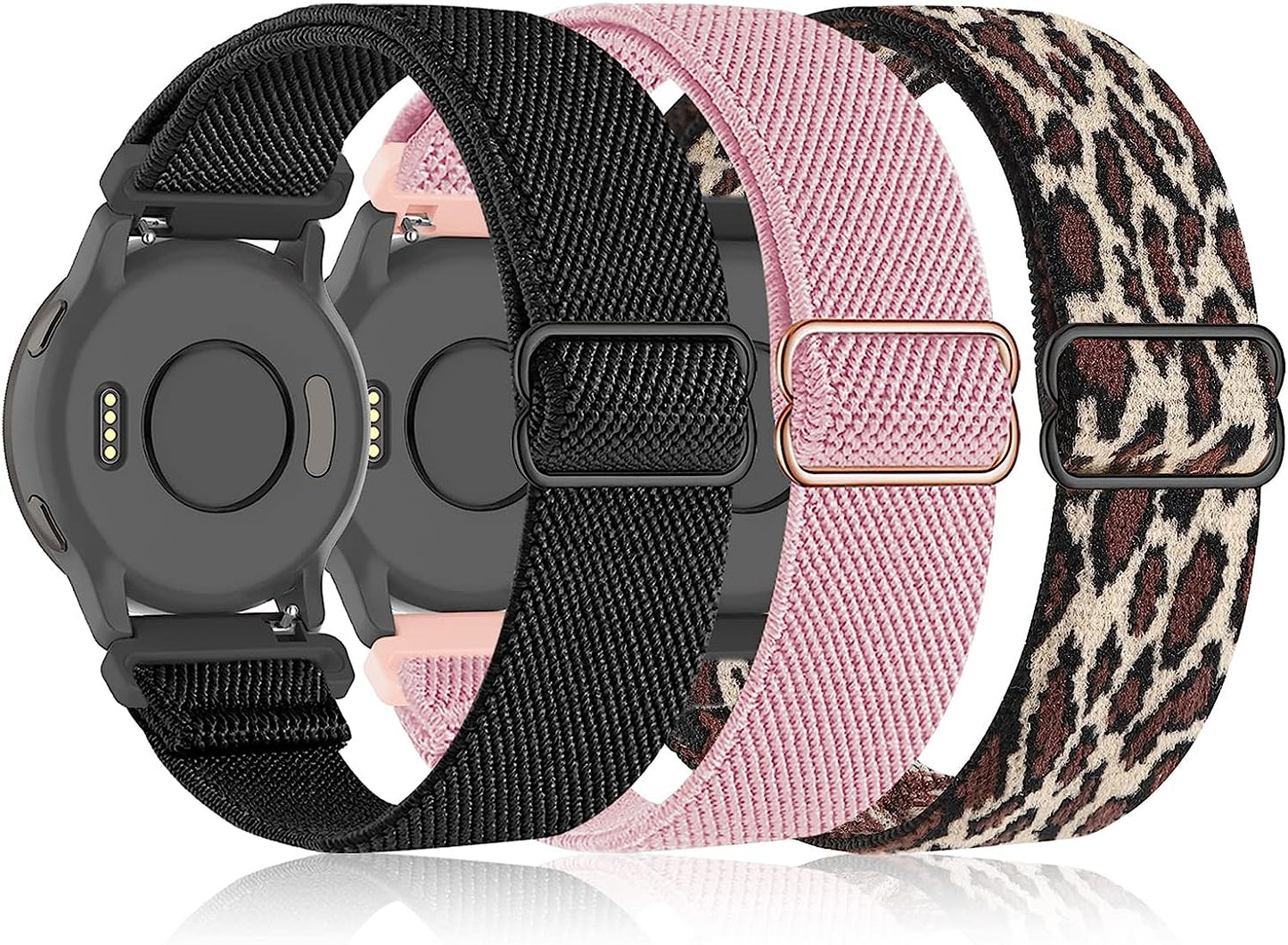 Bolesi 3 Pack 18Mm Stretchy Nylon Watch Bands for Garmin Venu 2S / Vivoactive 4S/ Vivoactive 3S,Soft Sport Band Quick Release Wristband Loop Elastic Strap for Men Women  Bolesi Black+Leopard+Pink Sand  