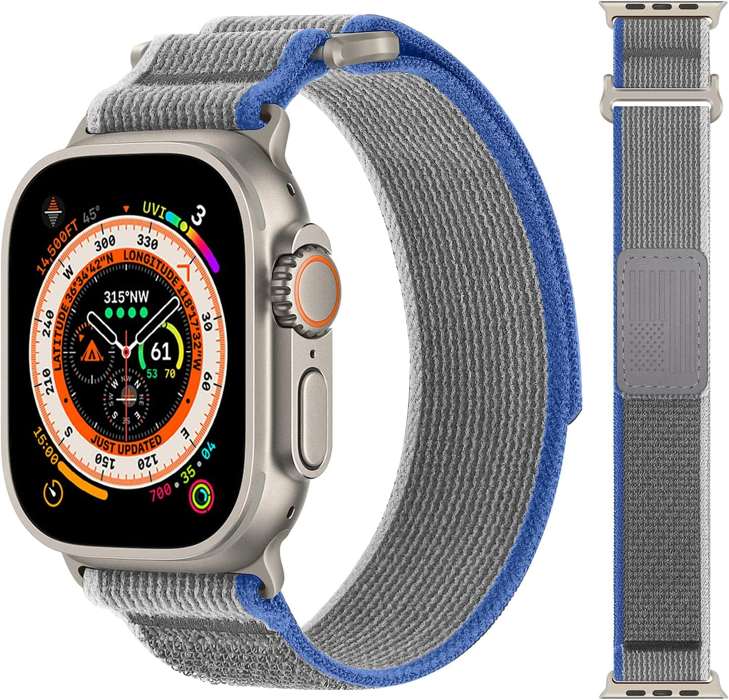 HITZEE Compatible with Apple Watch Band 49Mm 45Mm 44Mm 42Mm, Soft Nylon Braided Velcro Loop Bands Adjustable Sport Strap Designed for Apple Watch Ultra Series 8 7 SE 6 5 4 3 2 1, Blue/Gray, M/L  HITZEE   