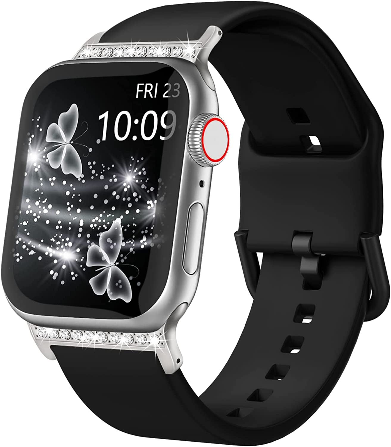 Sport Band Compatible with Apple Watch Bands 49Mm 45Mm 44Mm 42Mm 41Mm 40Mm 38Mm, Soft Silicone Wristbands Replacement Strap with Classic Clasp for Iwatch Series SE 8 7 6 5 4 3 2 1 Ultra for Women Men  Recoppa Black with Diamond 38mm/40mm/41mm 