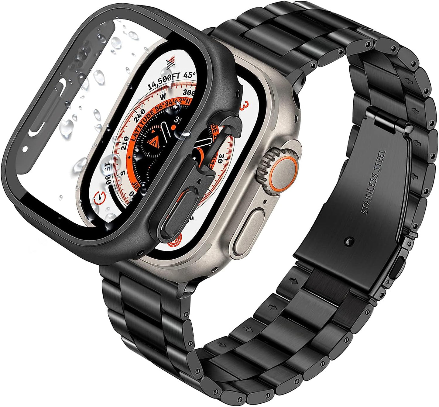 Trumirr Band + Protective Case + Screen Protector for Apple Watch Ultra 49Mm Starlight, Solid Metal Stainless Steel Strap & Tempered Glass Cover for Iwatch Ultra 49Mm  TRUMiRR Black 49mm 
