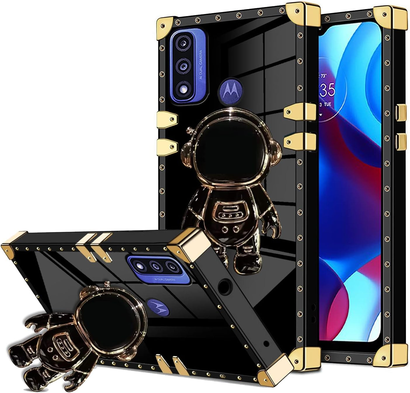 B-Wishy for Moto-G Pure Phone Case,Moto G-Power 2022 Case with Kickstand Ring Holder,Square Rivet for Girls Women Anti-Shock Slim Shockproof TPU Cover Phone Case for Moto G Play 2023(Y Black)  B-wishy   