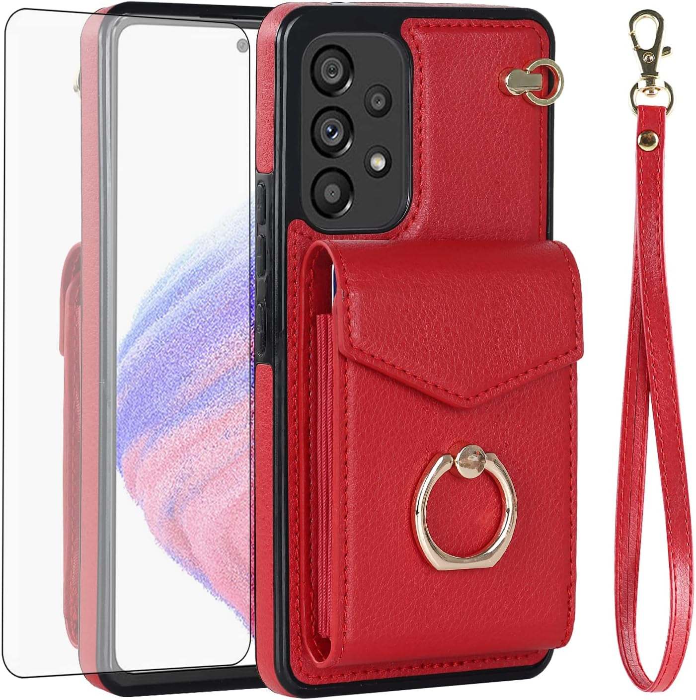 Asuwish Phone Case for Samsung Galaxy A53 5G Wallet Cover with Tempered Glass Screen Protector and RFID Blocking Ring Credit Card Holder Cell Accessories a 53 G5 53A SM A536U 6.5" 2022 Women Men Teal  Asuwish Red For A53 5G 