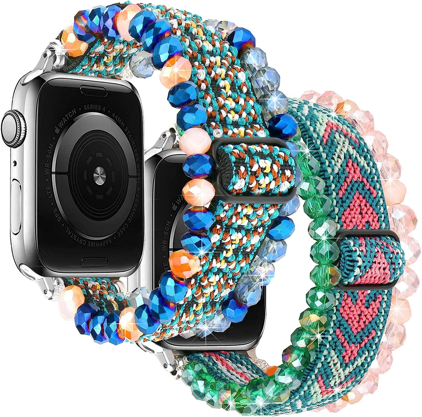 LHXYUO Beaded Bracelet Compatible for Apple Watch Band 38Mm 40Mm 41Mm 42Mm 44Mm 45Mm 49Mm for Women Fashion Cute Handmade Elastic Stretch Strap for Iwatch Ultra SE Series 8 7 6 5 4 3 2 1  LHXYUO 2 Pack Green+Blue 38mm/40mm/41mm 