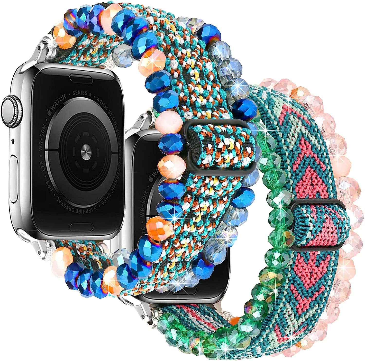 LHXYUO Beaded Bracelet Compatible for Apple Watch Band 38Mm 40Mm 41Mm 42Mm 44Mm 45Mm 49Mm for Women Fashion Cute Handmade Elastic Stretch Strap for Iwatch Ultra SE Series 8 7 6 5 4 3 2 1  LHXYUO 2 Pack Green+Blue 38mm/40mm/41mm 